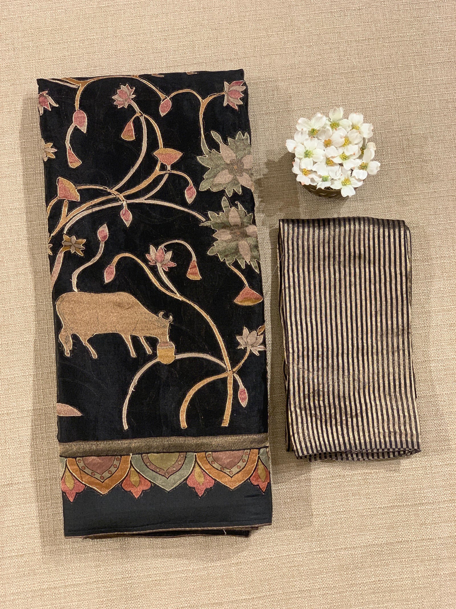 Black Designer Organza Saree with Stunning Tissue Applique work Saree with Village theme