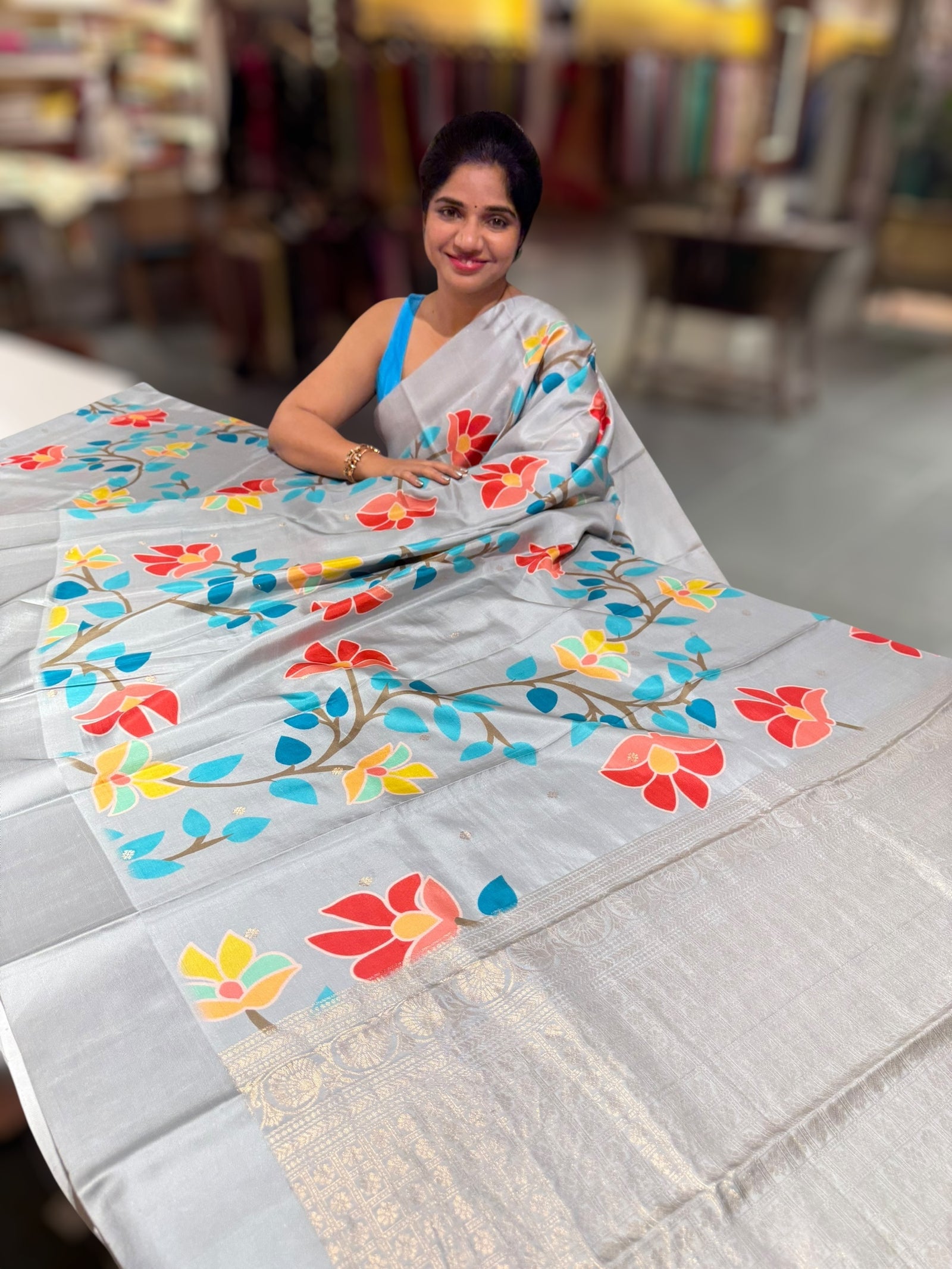 Light Grey Kanchi Soft Silk Saree with ajamdani inspired print