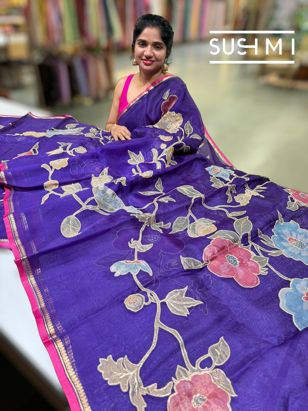 Purple Designer Organza with Tissue applique work : S62F096