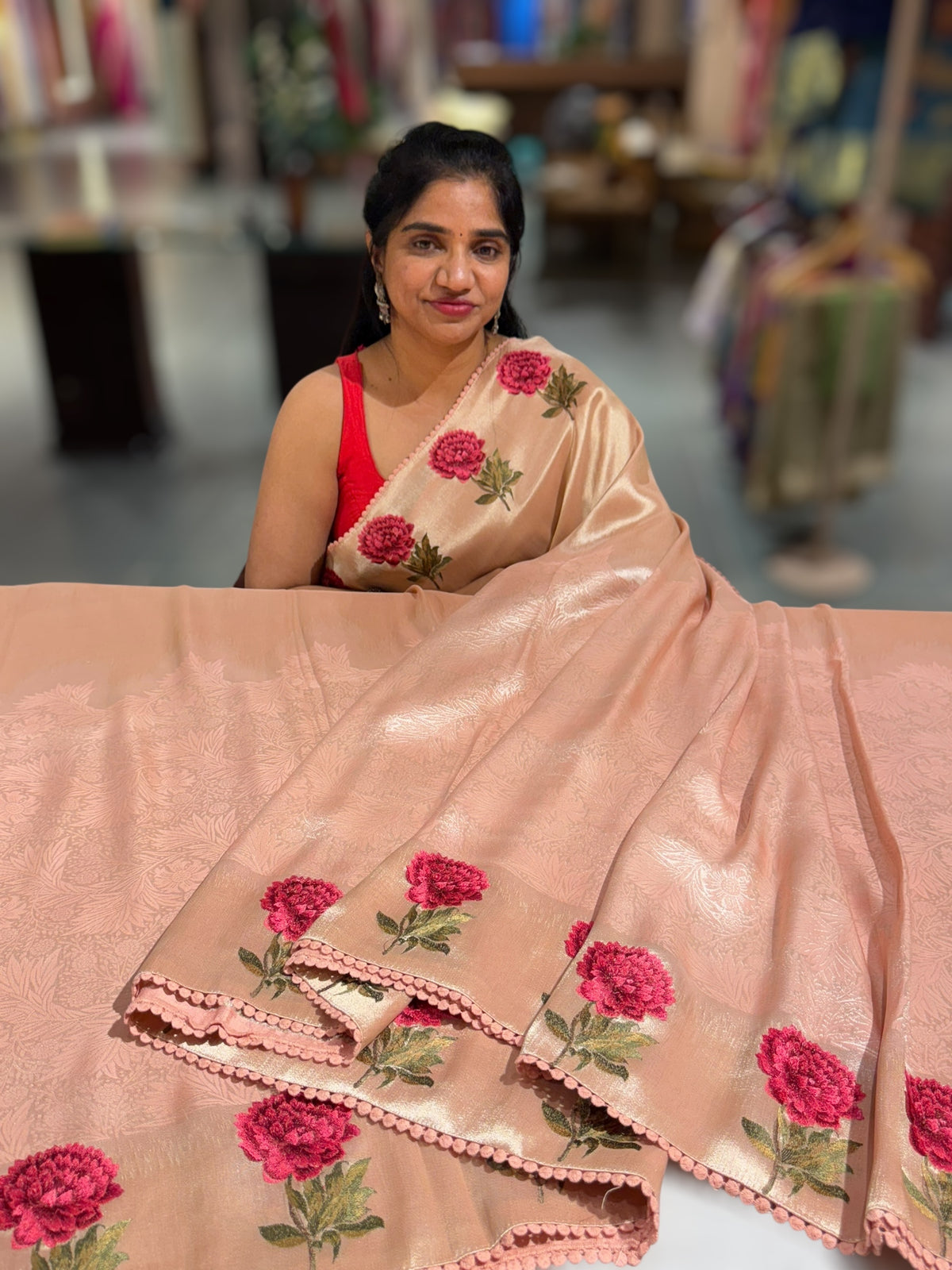 Peach pink Banarasi Brocade tissue saree with tonchui style weaving & embroidered dahlia flower border