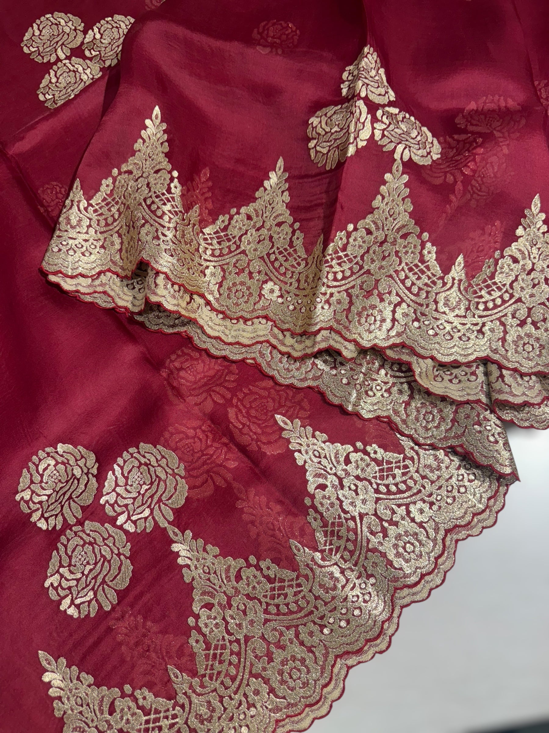 Meroon Organza Saree with stunning chantilly lace style  cutwork embroidered border