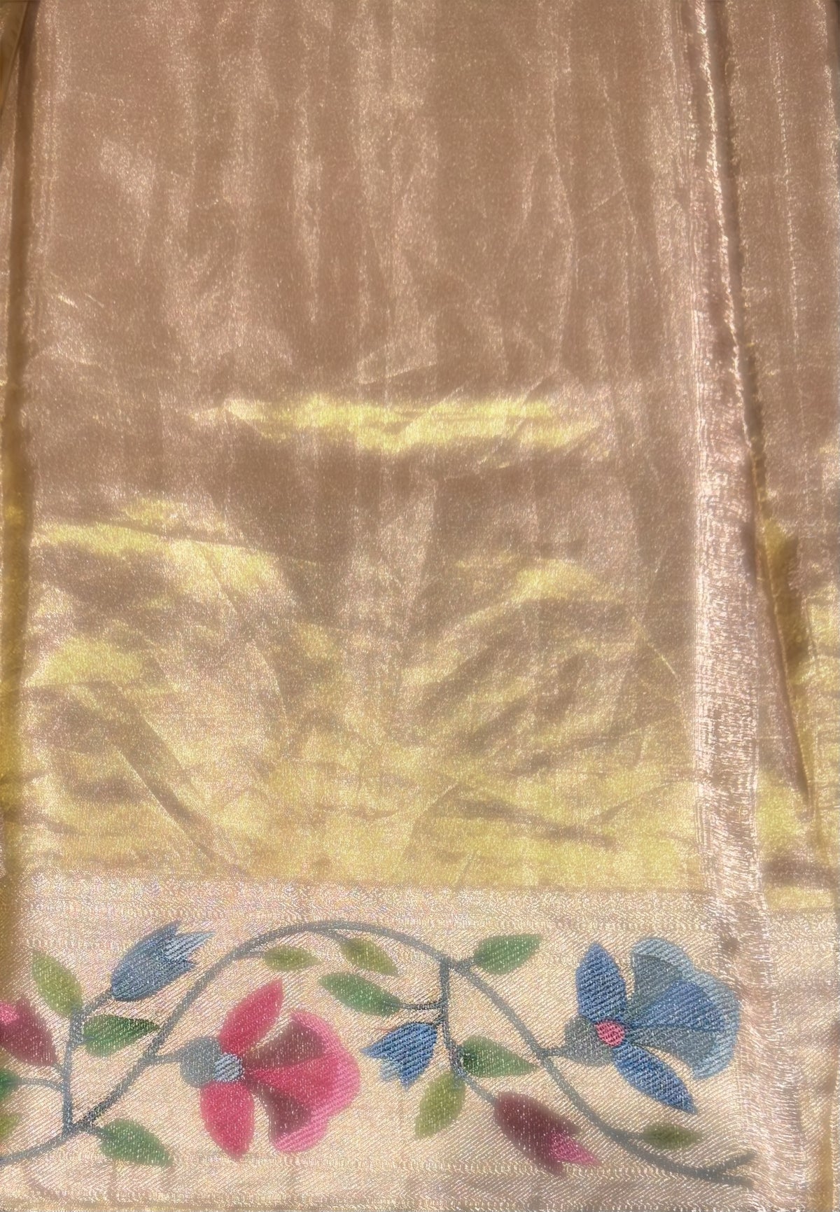 Rose Gold Kanchi Tissue Brocade Saree With jamdani inspired embroidery.