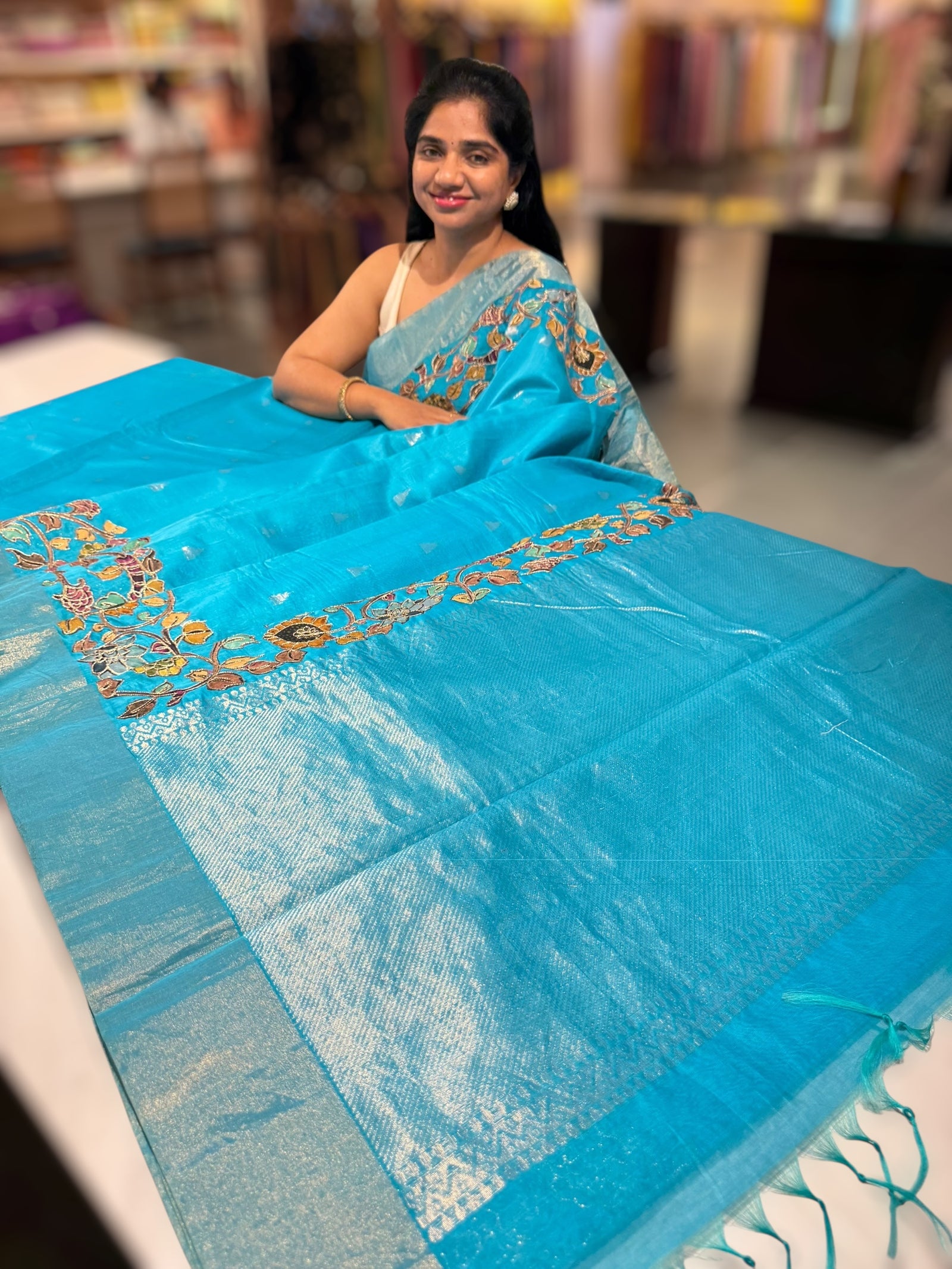 Copper sulphate chanderi silk saree with kalamkari applique border