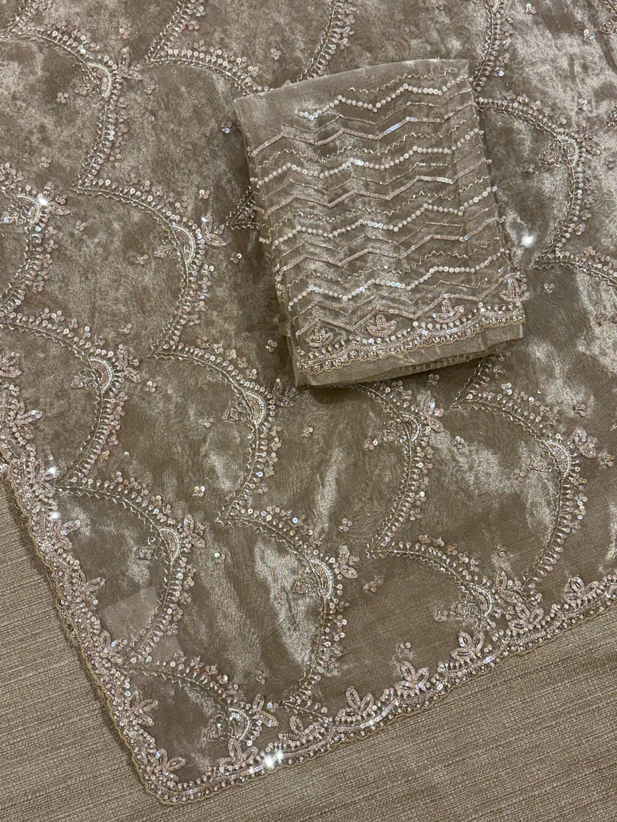 Nude tissue saree with heavy allover intricate handwork