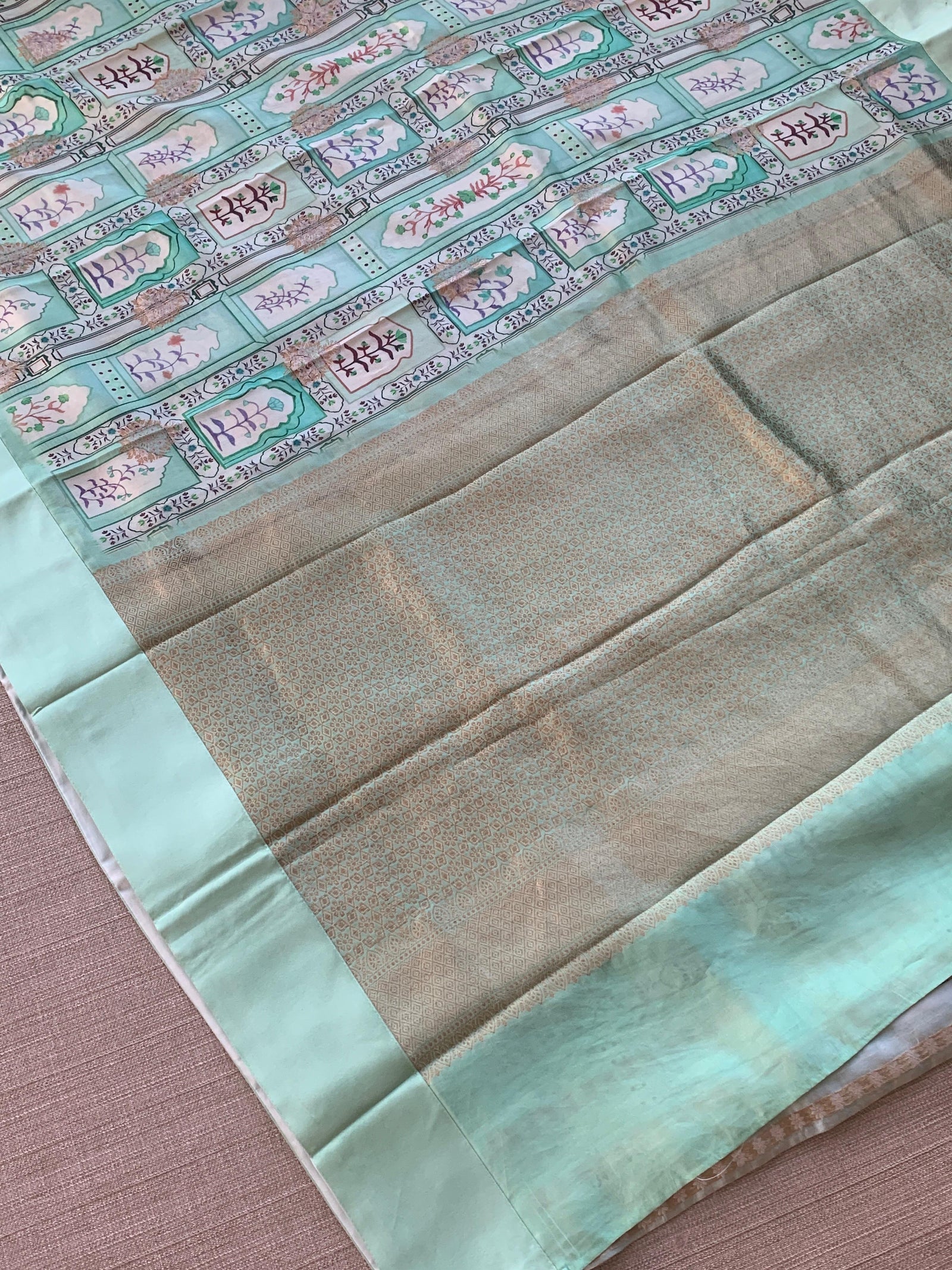 Mint Green Soft Silk Saree with patola style print and mashru borders