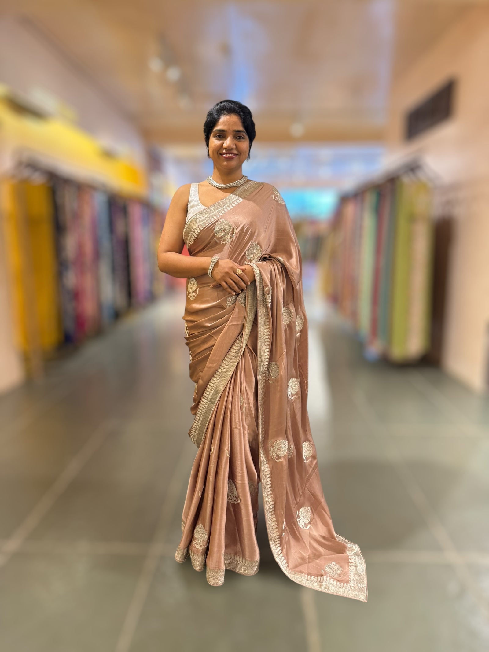 Light Brown Satin Saree with Embroidery.