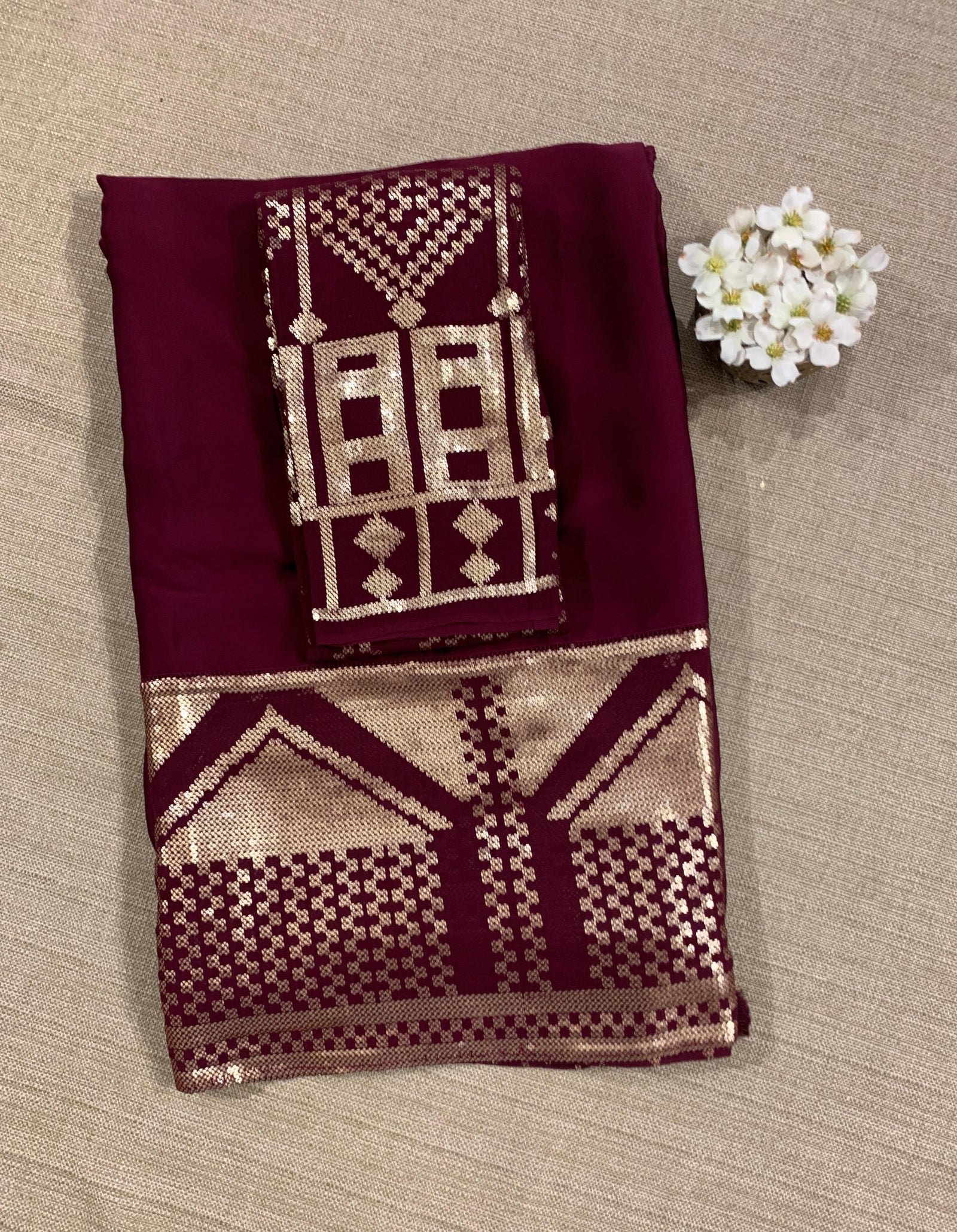 Wine pure Satin Saree with designer sequence border and blouse