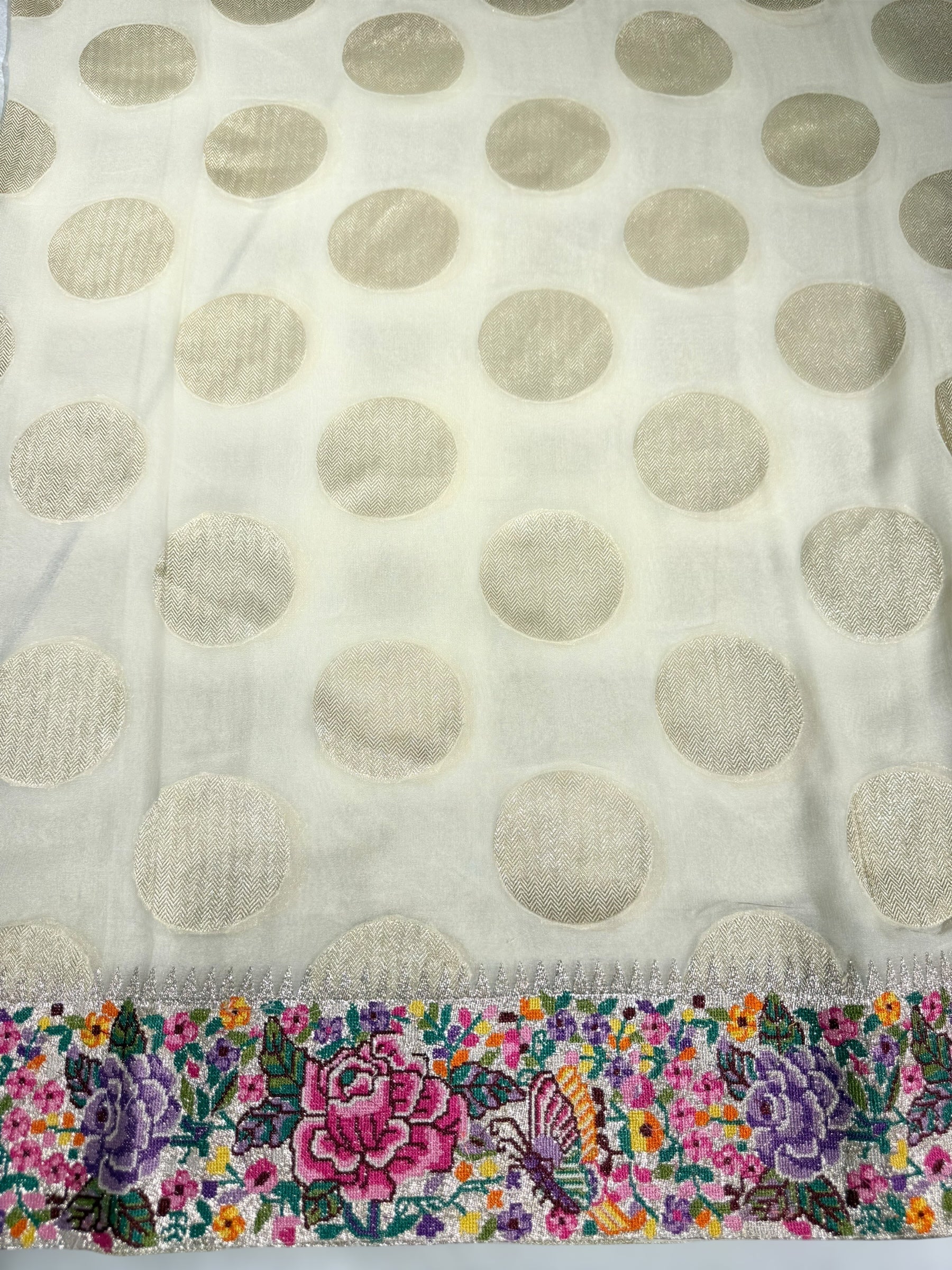 Halfwhite khaddi Chiffon Saree with allover zari weaving polka dots & Petite Point border