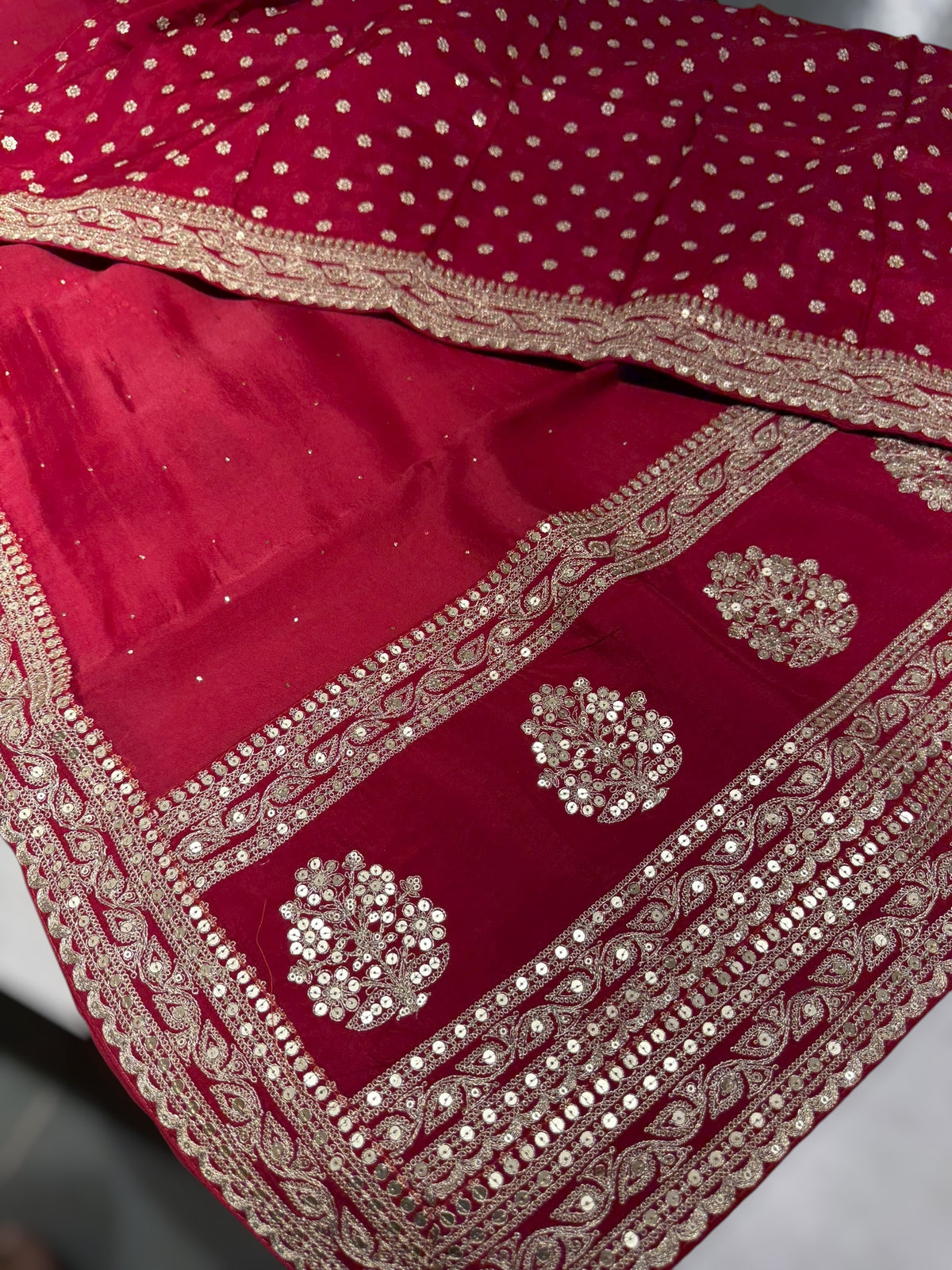 Maroon Red Pure Organza Saree with allover mukaish work & sabyasachi borders