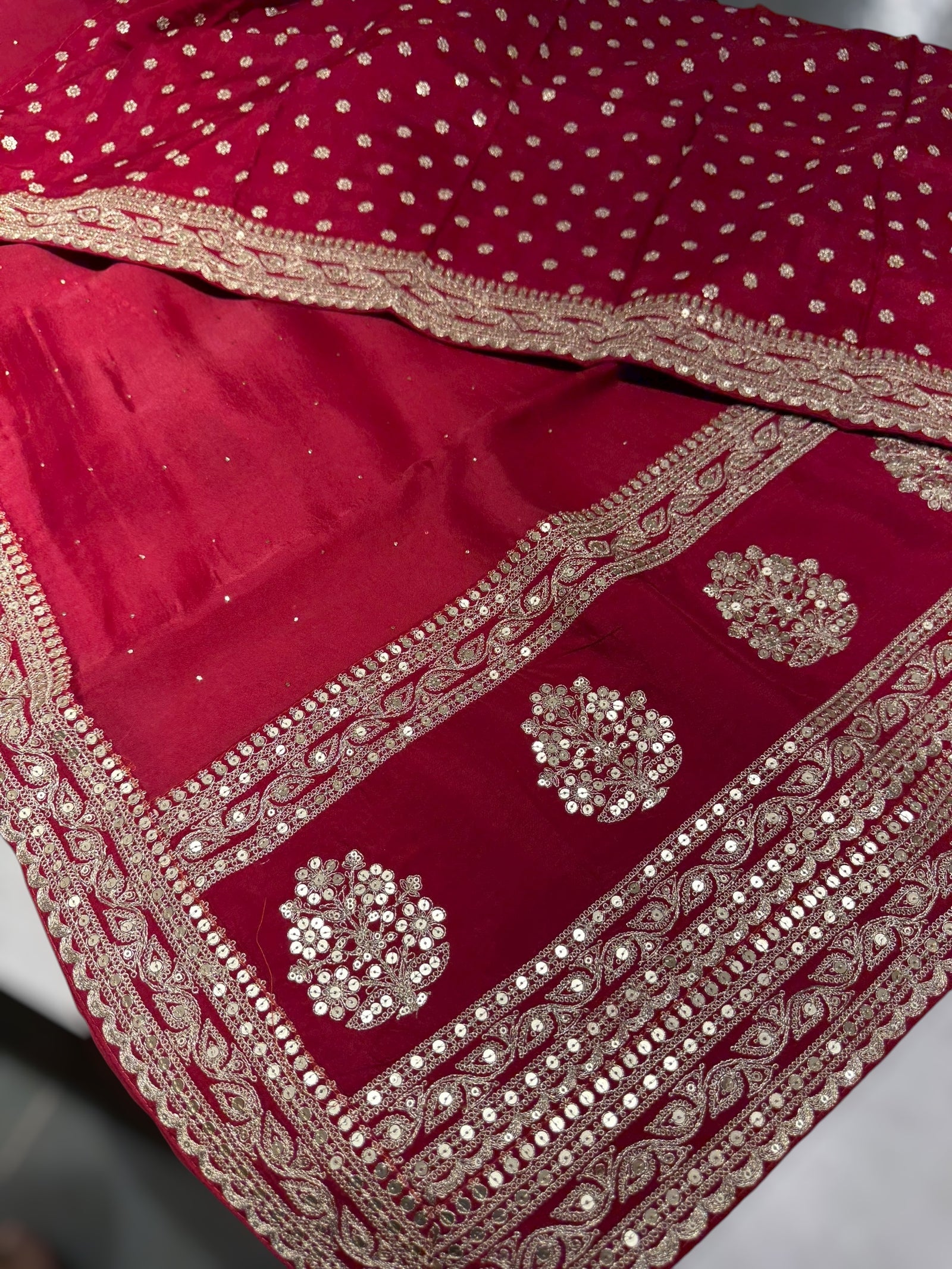 Maroon Red Pure Organza Saree with allover mukaish work & sabyasachi borders