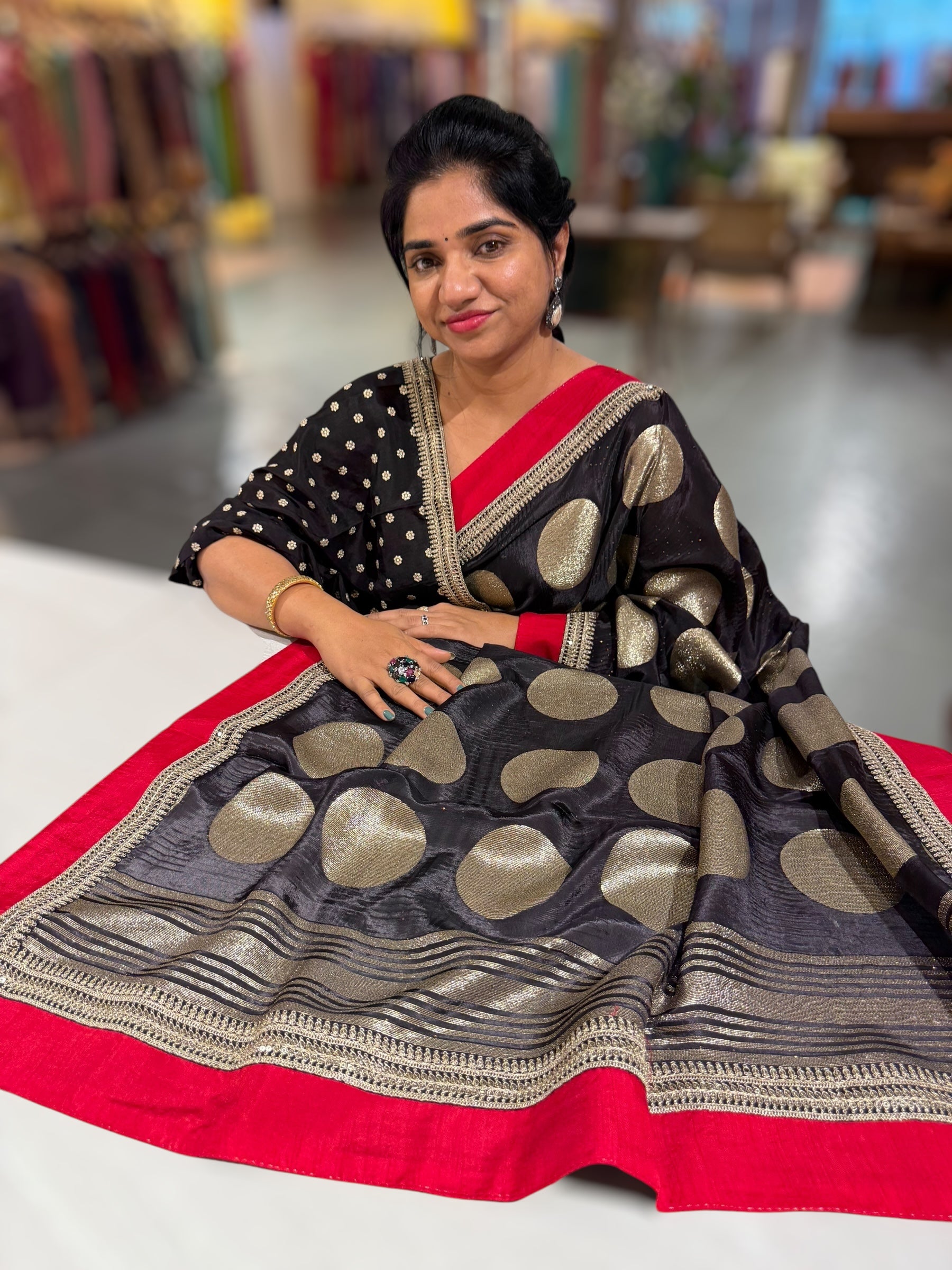 Black Crepe Silk Polka dot Saree with sabhyasachi Borders & Blouse
