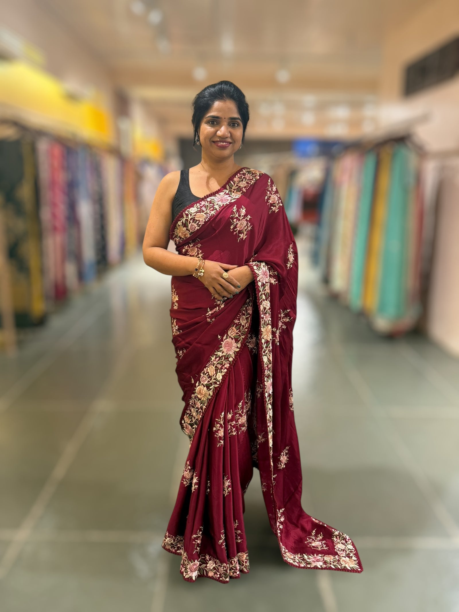 Burgundy Satin Saree with Parsi Gara embroidery