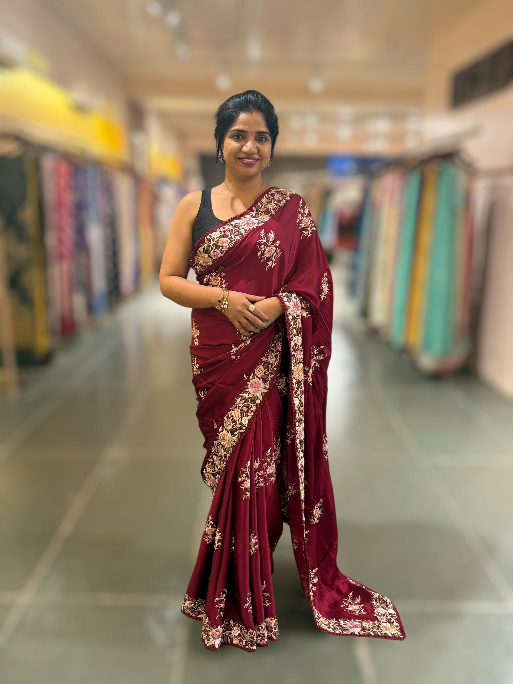 Burgundy Satin Saree with Parsi Gara embroidery