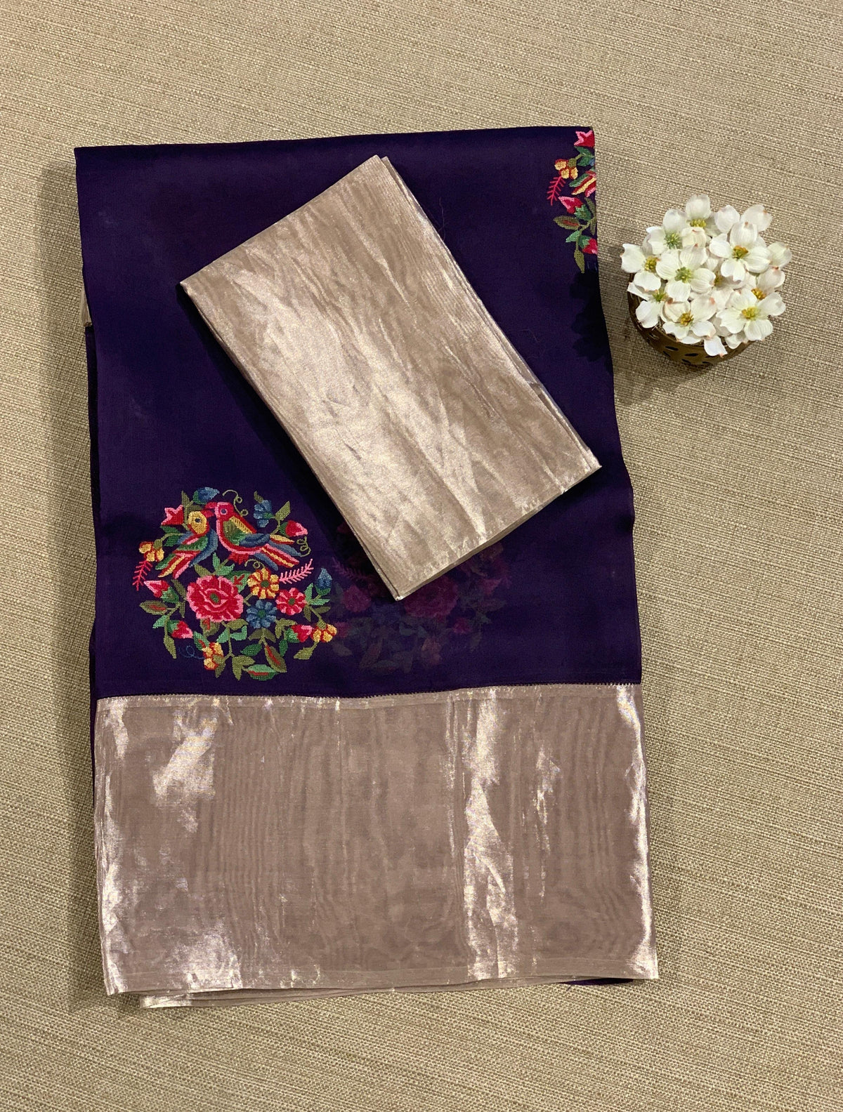 Violet Organza Saree with pure Tissue Border