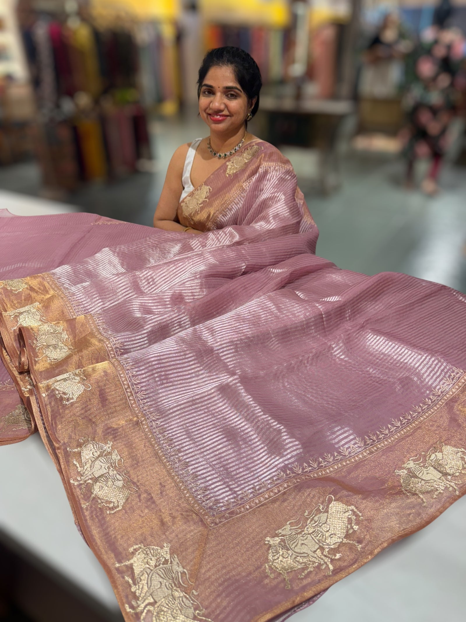 Lilac Kora tissue stripes Saree with Nandi embroidered tissue border