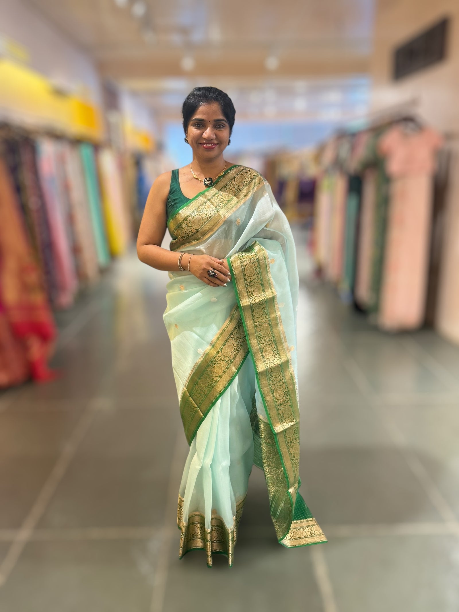 Pastel Blue & Emerald Green combo Pure Handloom premium Kora Banarasi Saree