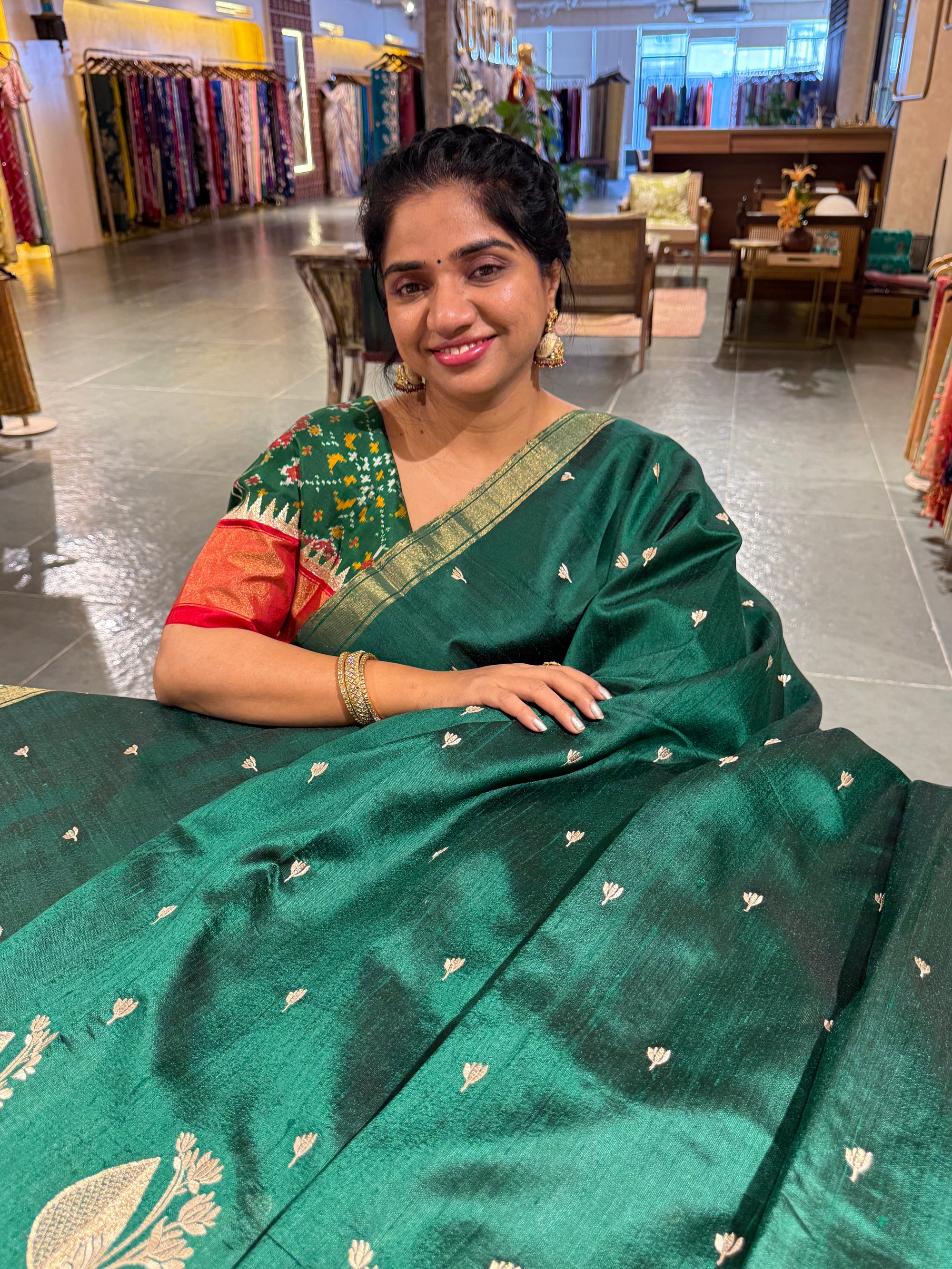 Bottle Green Pure Handloom Raw Silk Saree
