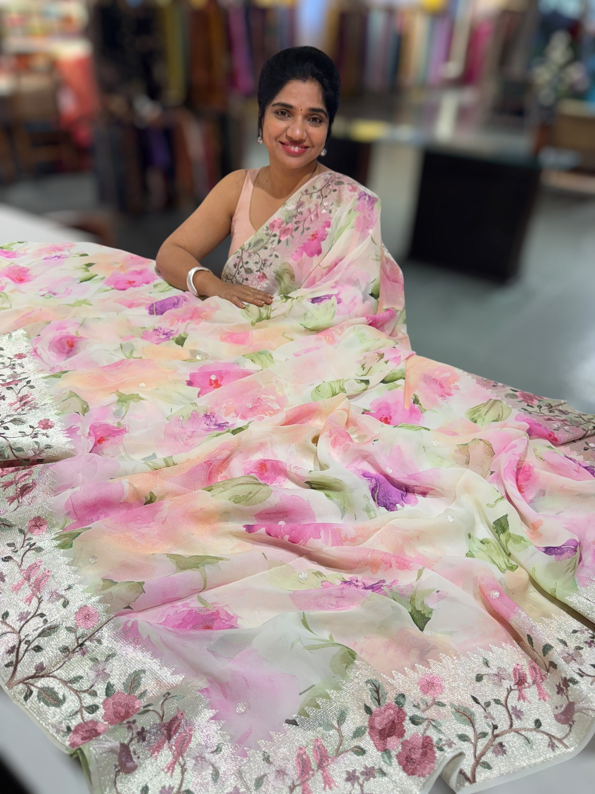 Ivory  Printed georgette Saree With Tissue Embroidered Border