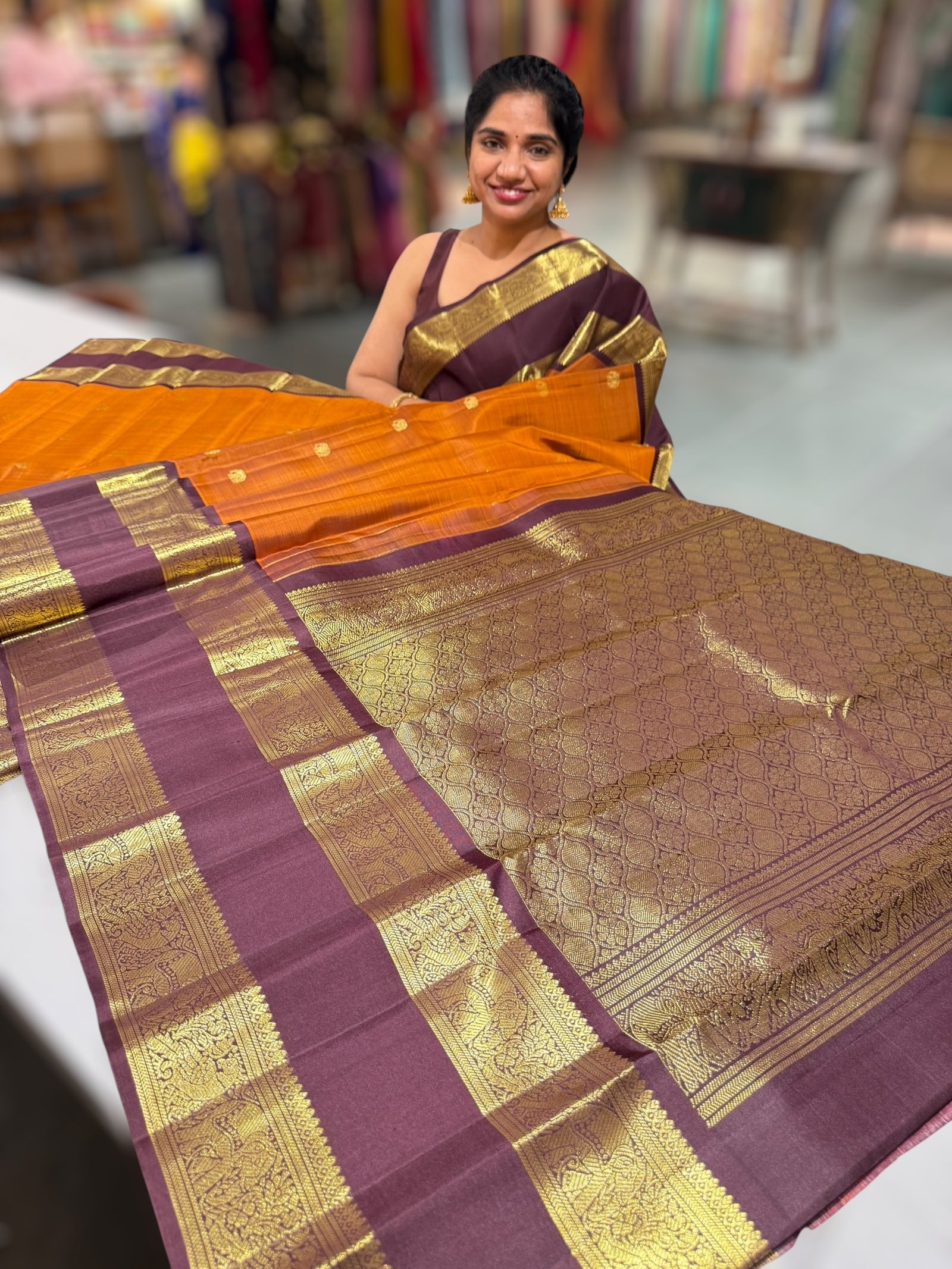 Light Rust Orange and Winish Brown Vintage Kanchipuram Gap border Saree