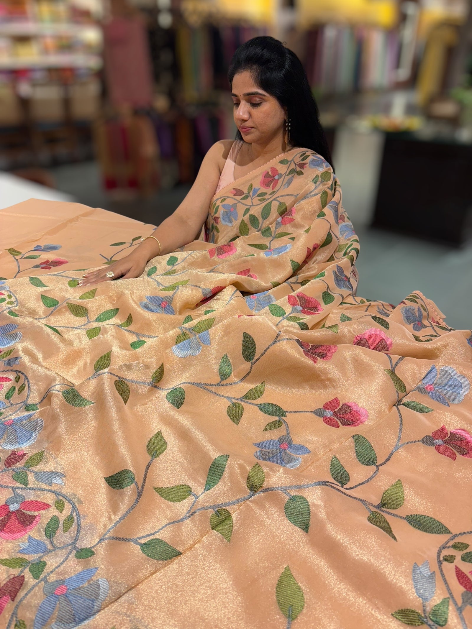 Peach Pink Tissue georgette saree with embroidey