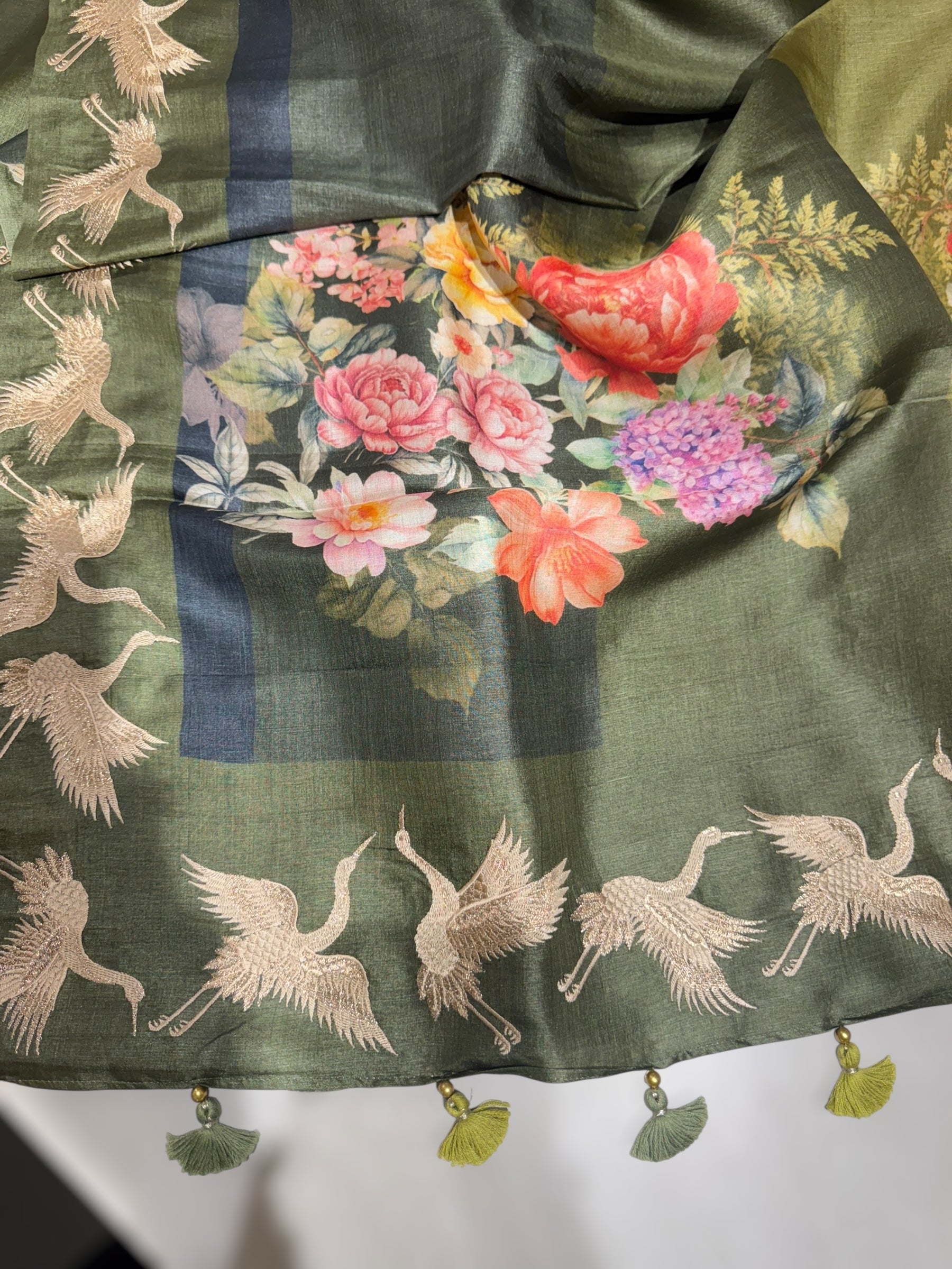 Olive Green Tussar Rangkaat Saree With Crane Bird  Embroidered Border