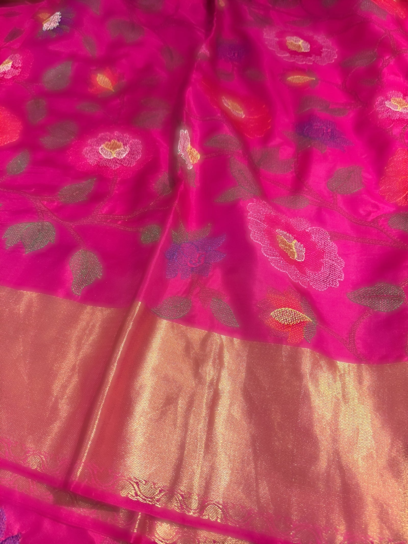 Rani Pink Kanchi Soft Silk Saree with allover jamdani inspired embroidery