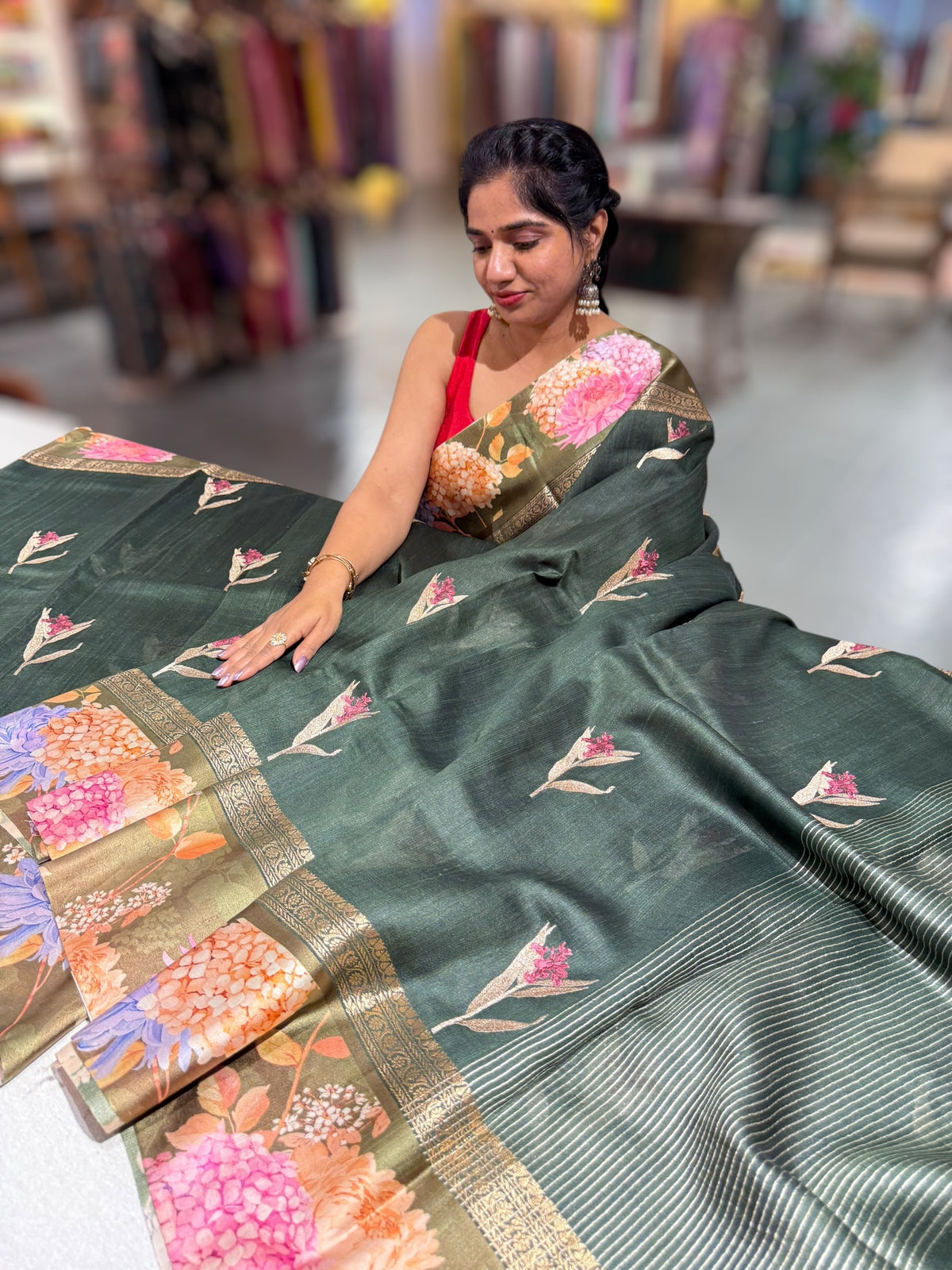 Forest Green Tussar Dhupion Saree with Floral printed mashru borders