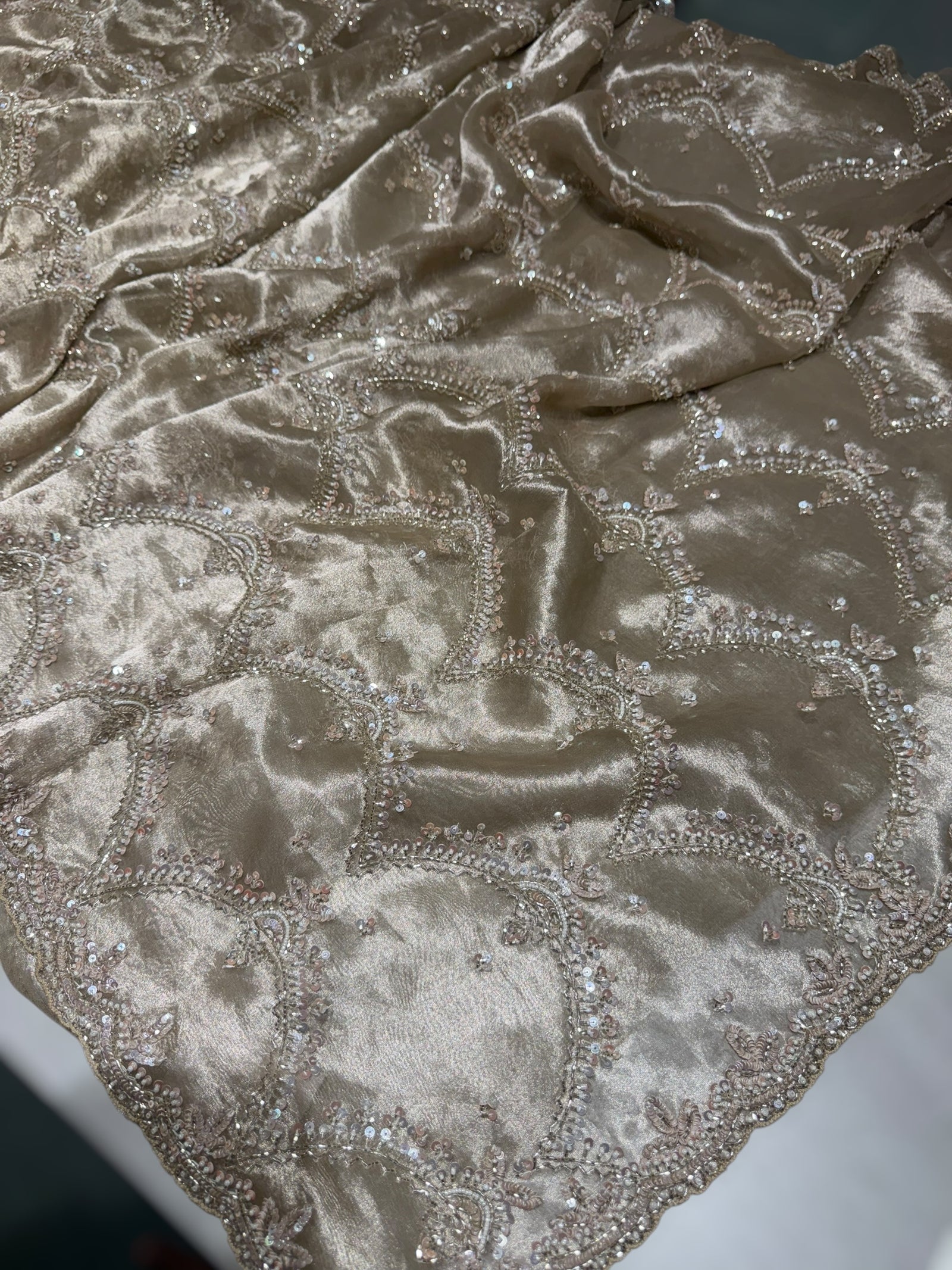 Nude tissue saree with heavy allover intricate handwork