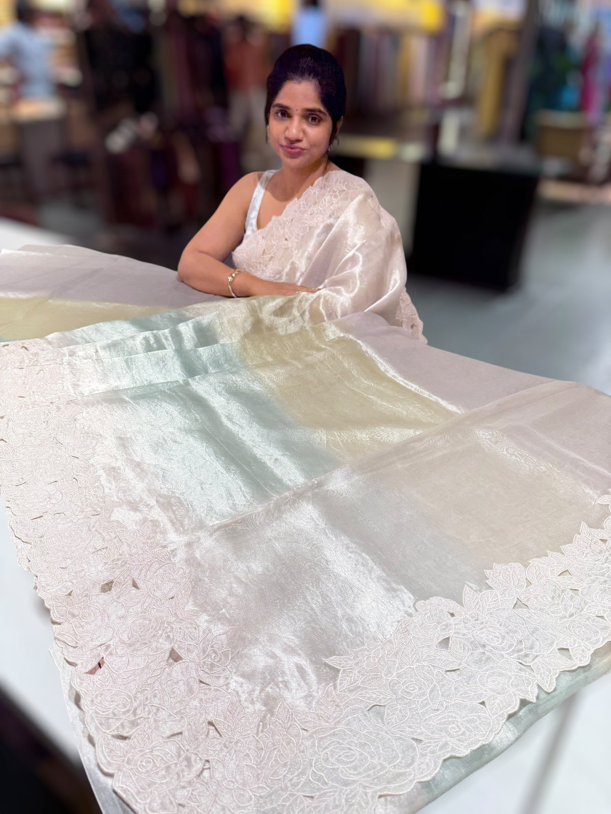 Ombre Dyed  Banarasi Tissue With Rose Cutwork embroidered Border