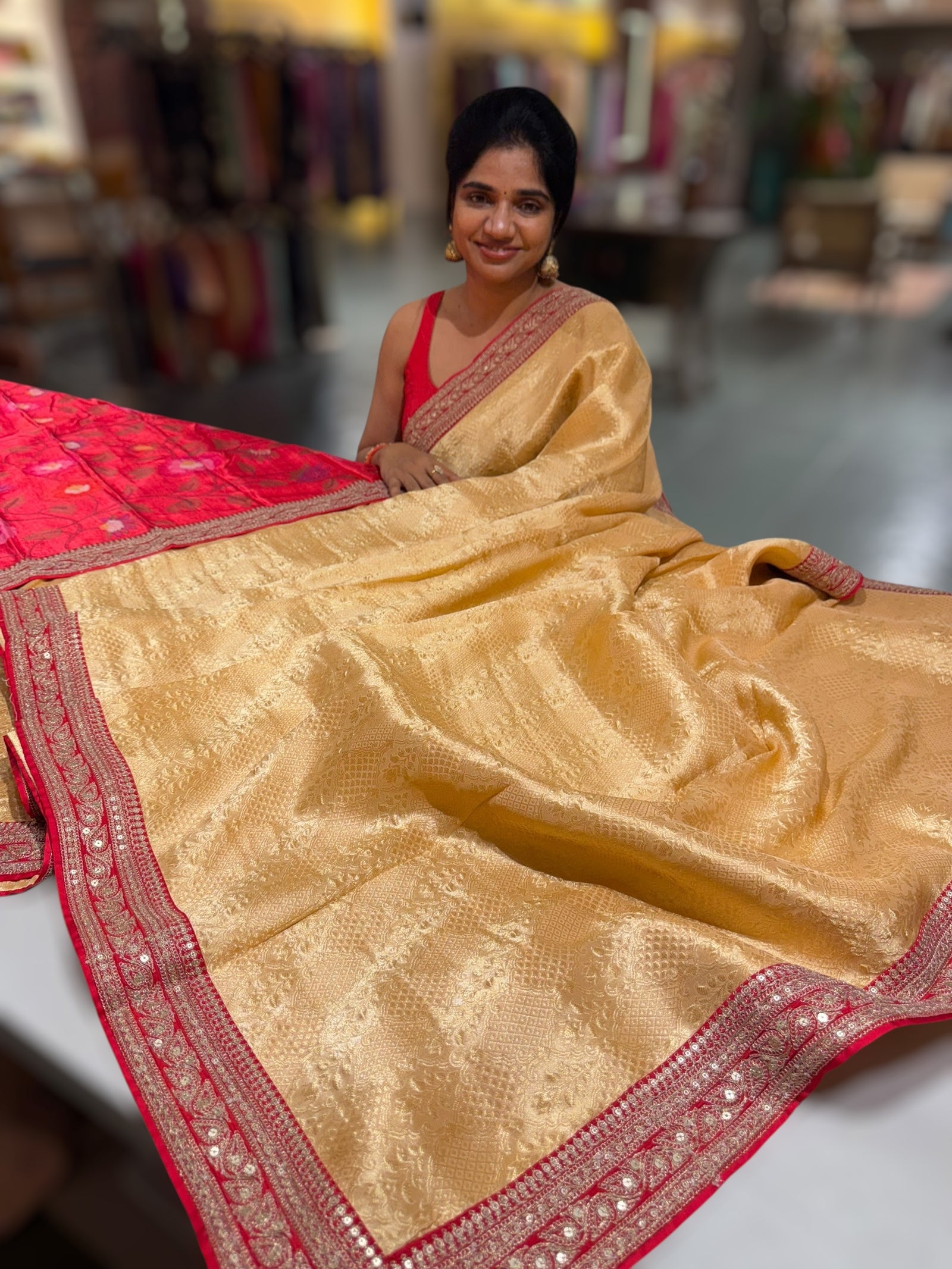 Peach & Reddish Pink Combo Banarasi Tissue Brocade saree