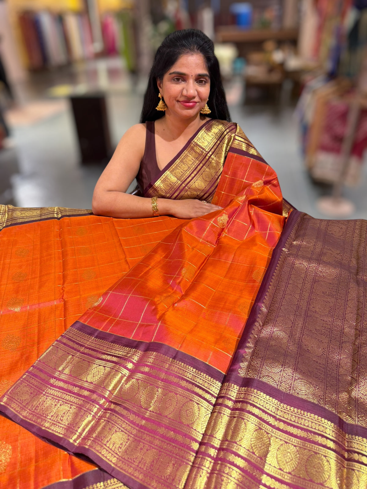 Rust Orange & winish Brown Combo Vintage Checks Kanjeevaram Saree
