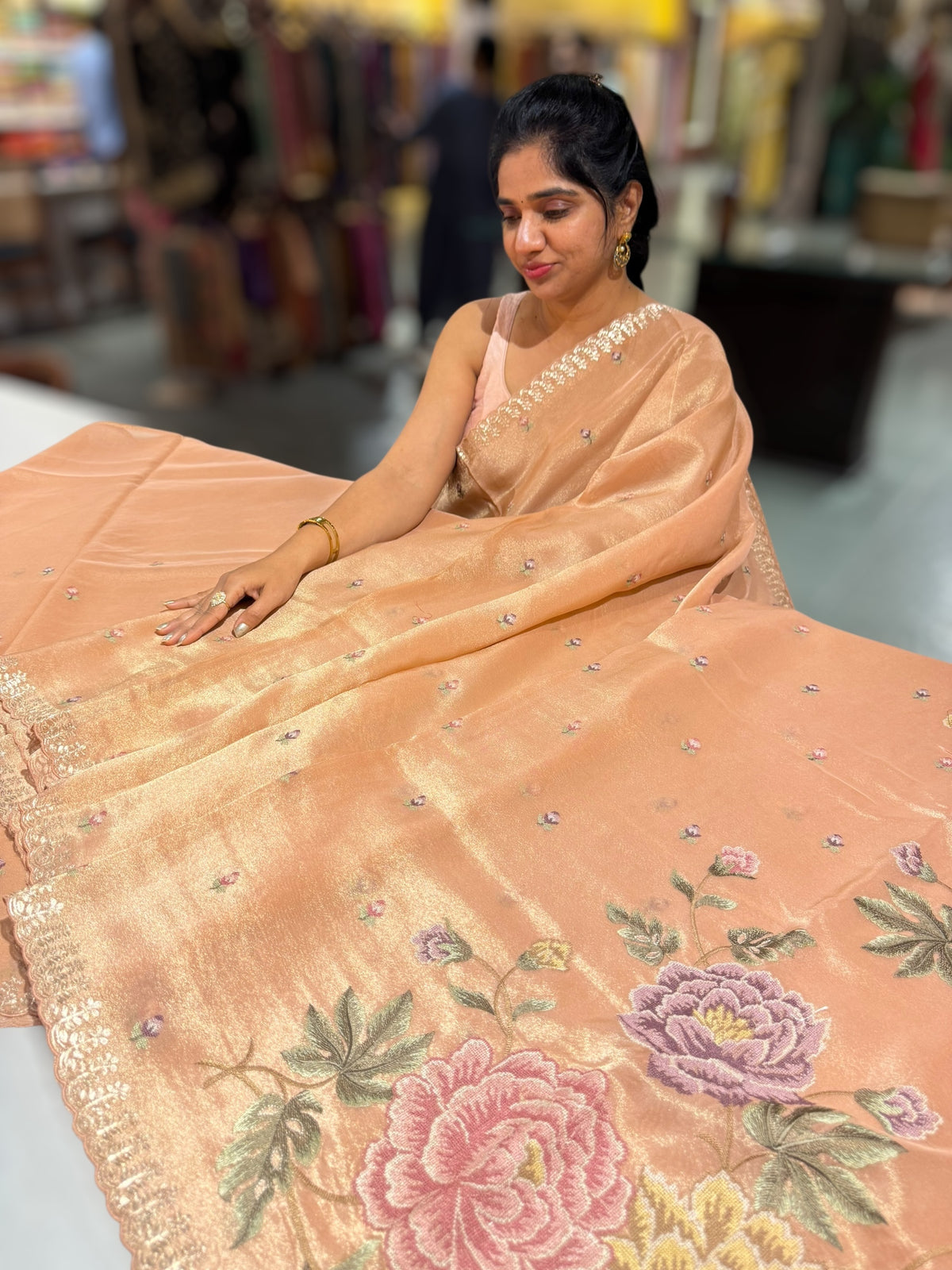Peach Tissue Georgette Saree with petite point emb