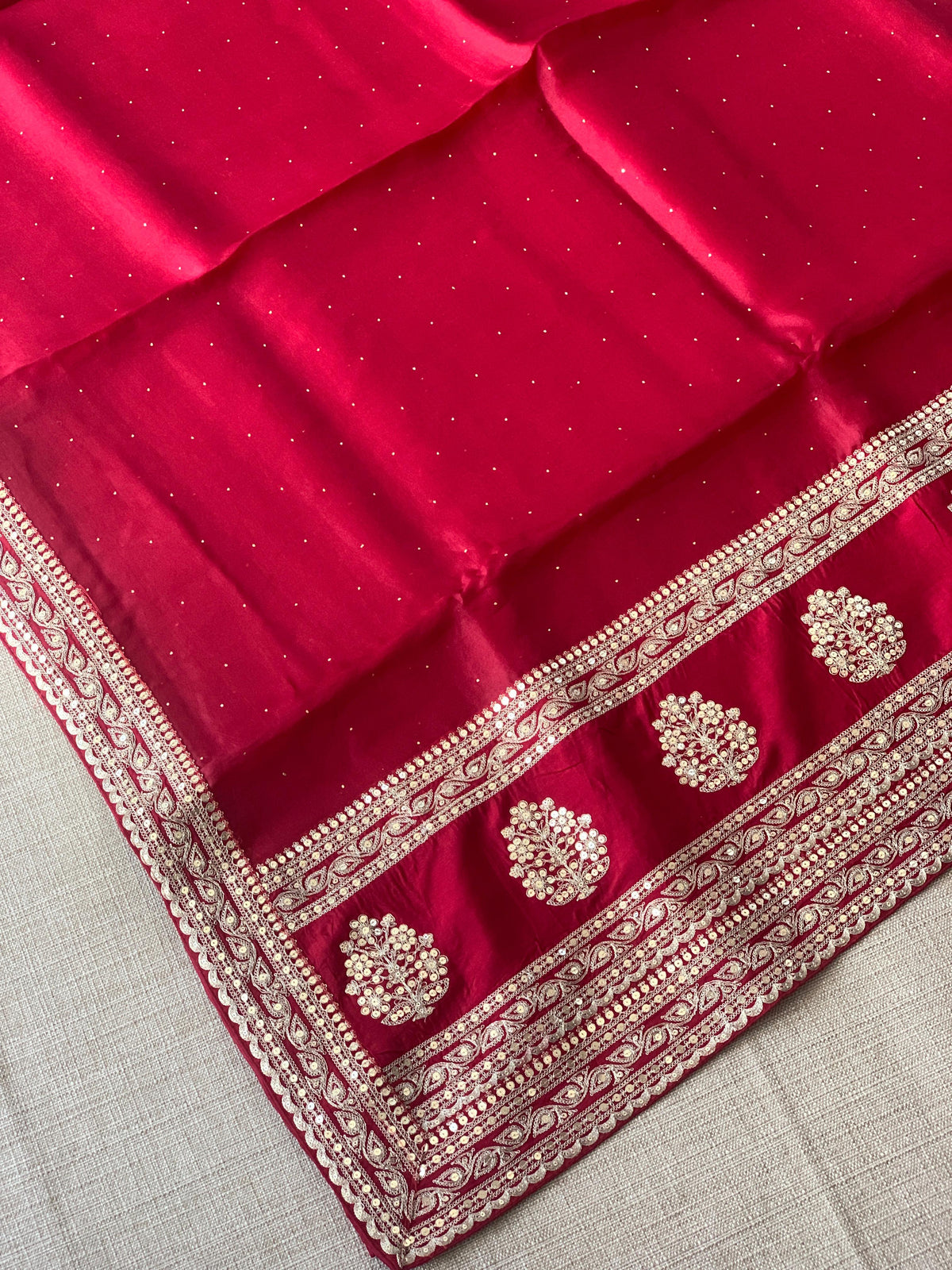 Maroon Red Pure Organza Saree with allover mukaish work & sabyasachi borders
