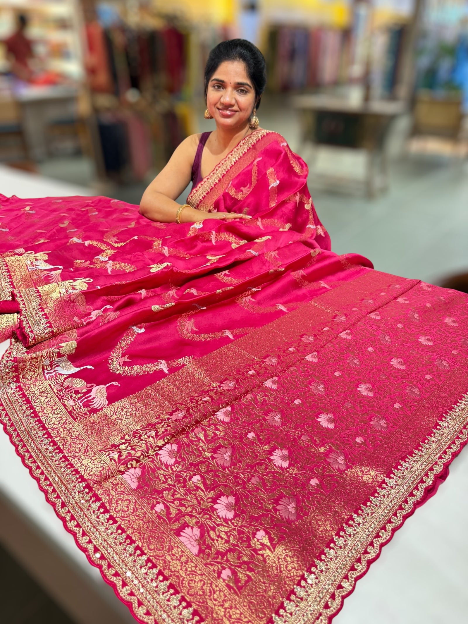 Dark Pink Mashru Silk Saree with allover weaving and Sahbysachi borders and Blouse