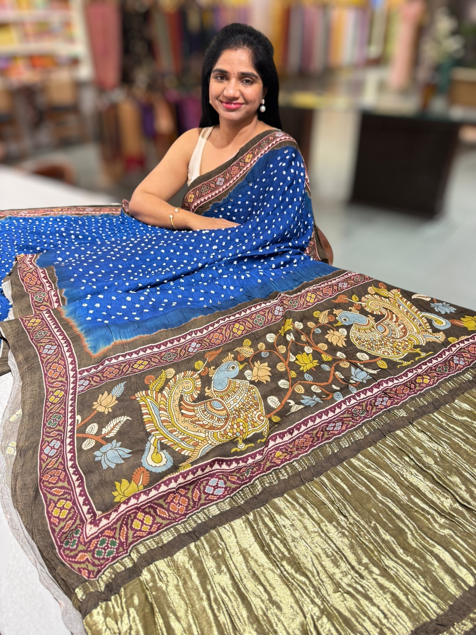 Blue bandhini kalamkari modal satin saree