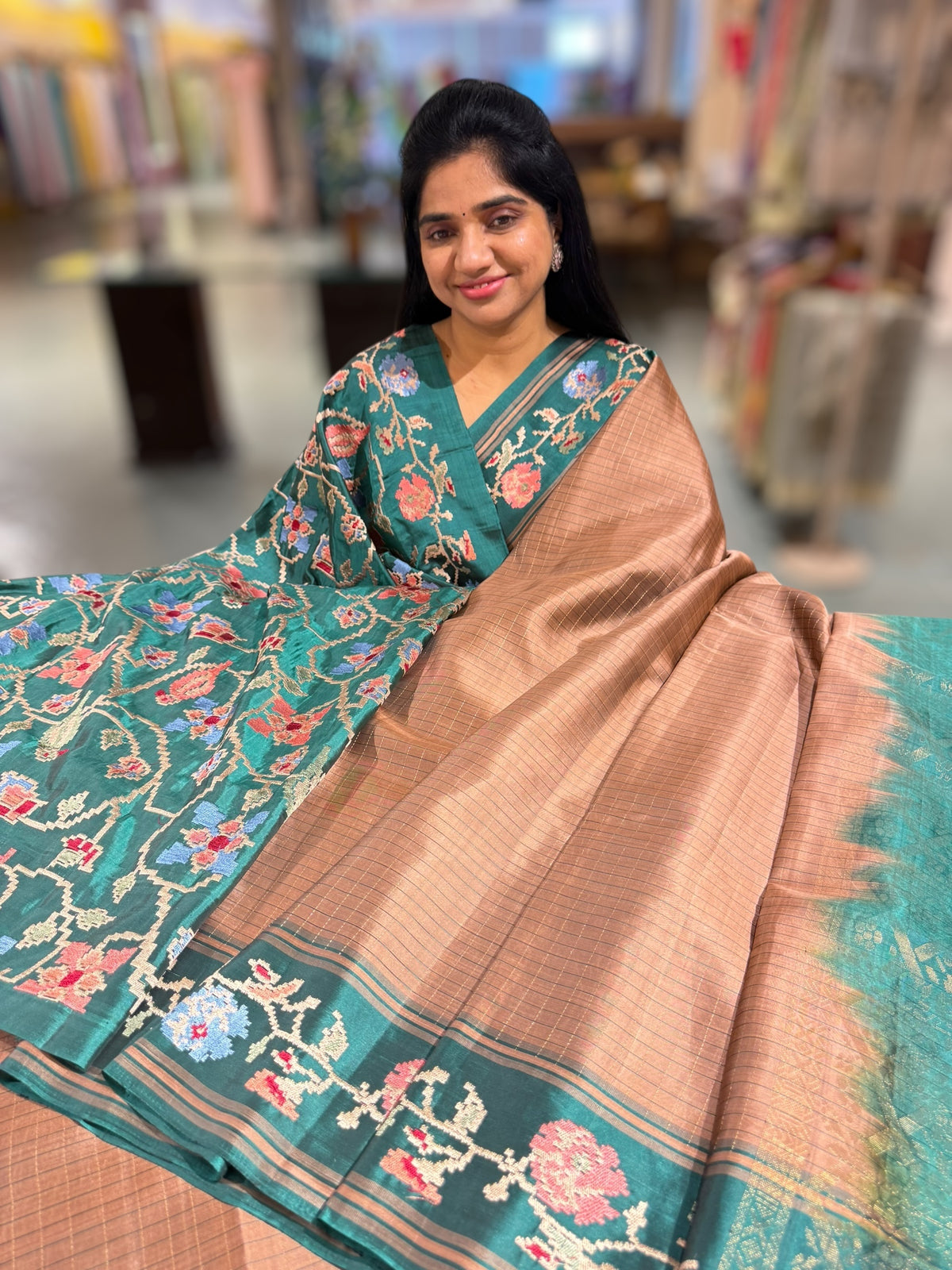 Terracota & Teal Vintage Kanchi soft silk saree with embroidery