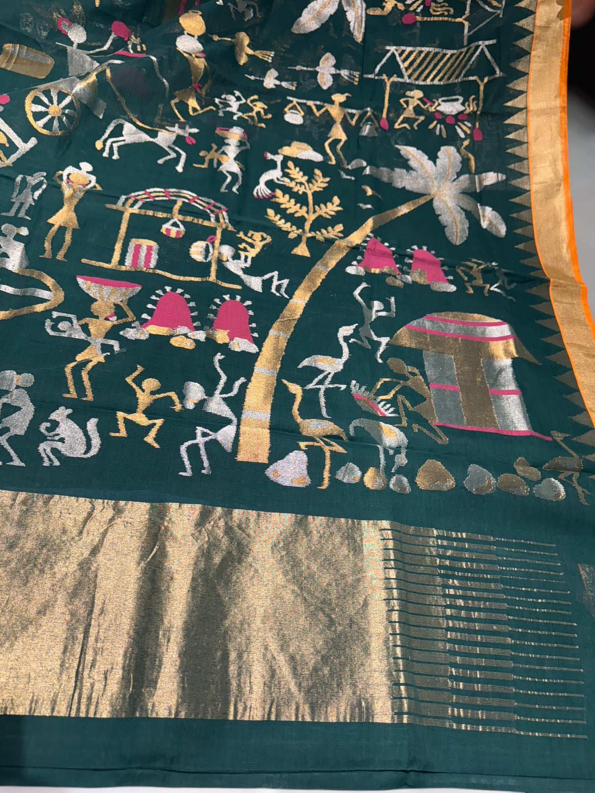 Forest Green Ponduru Khadi Jamdani Allover Weaving Saree with village Theme