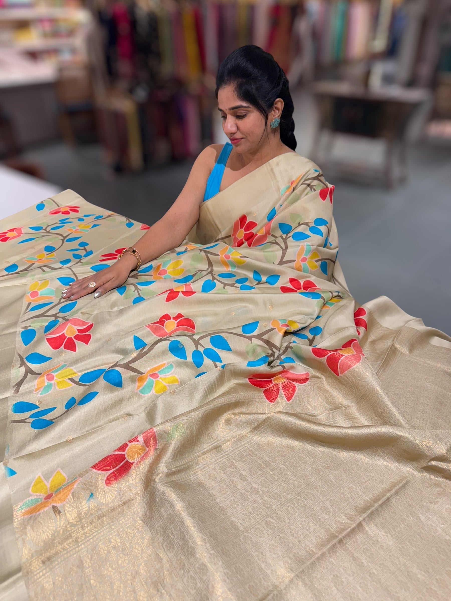 Light Pista Kanchi Soft Silk Saree with ajamdani inspired print