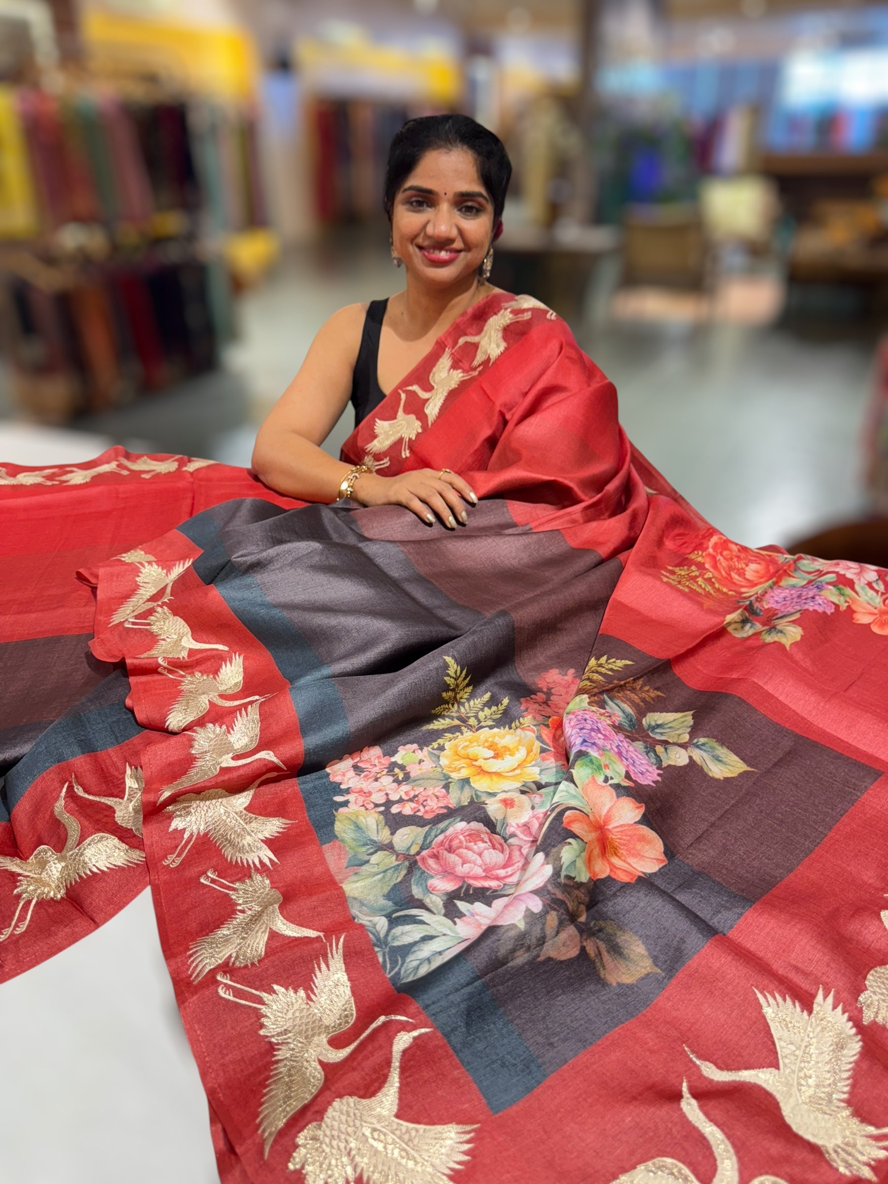Tussar Rangkaat Saree With Crane Bird  Embroidered Border