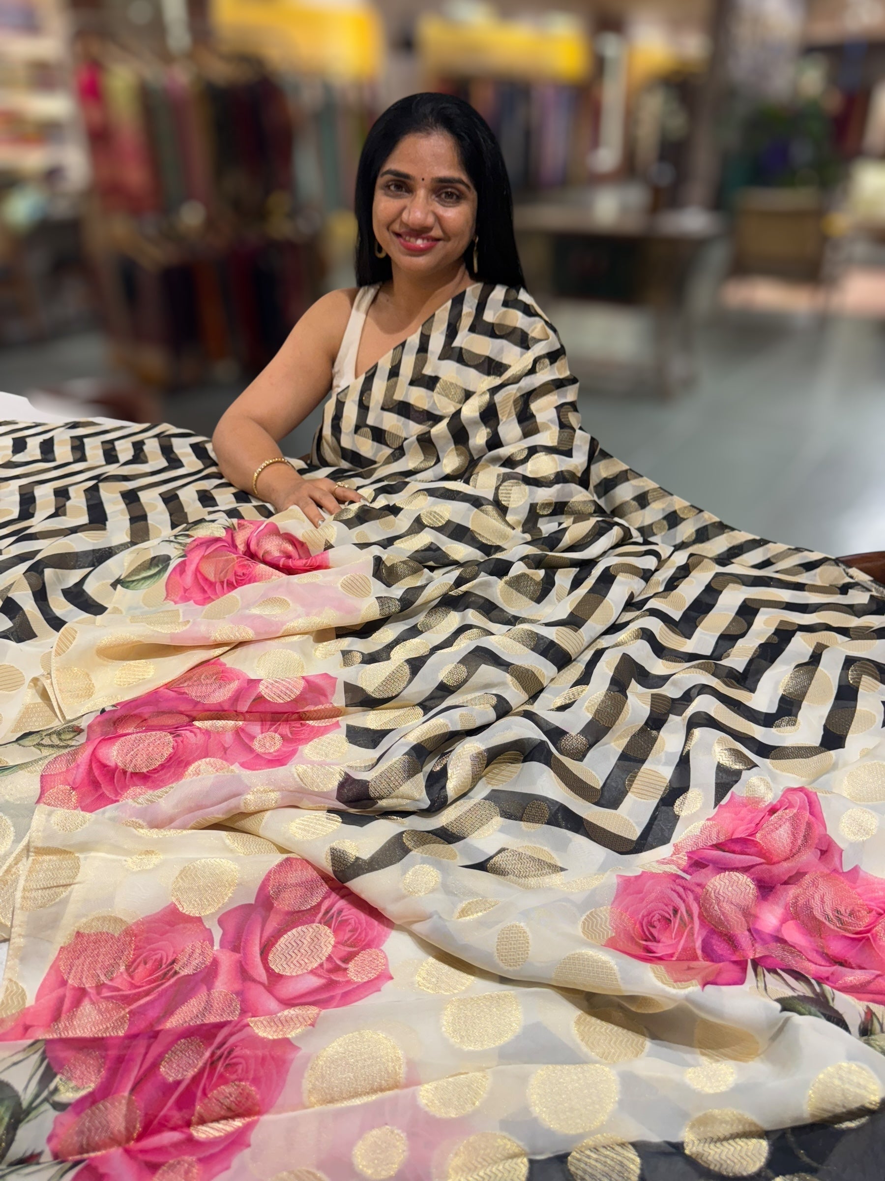 Black Zig Zag Banarasi Kora Gorgette Polka dot Printed Saree