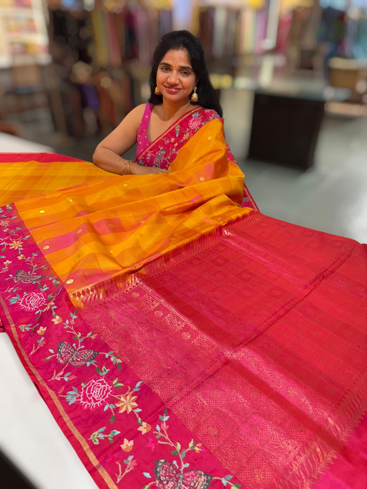 Mustard checks vintage style Kanchi Soft Silk Saree with petite point embroidered border