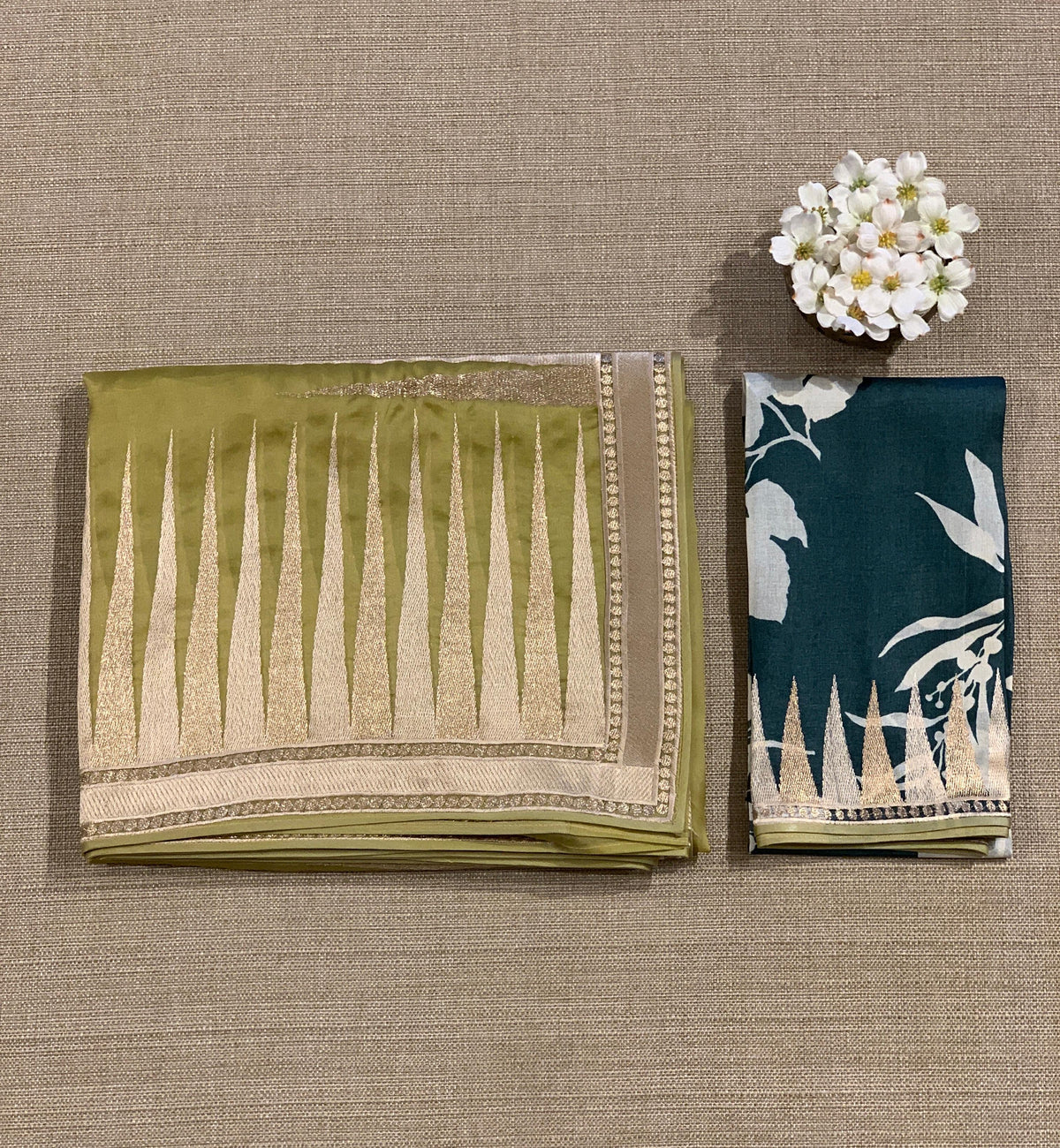 Lime Pure Organza With Temple Embroidered Border & Tussar Printed Blouse