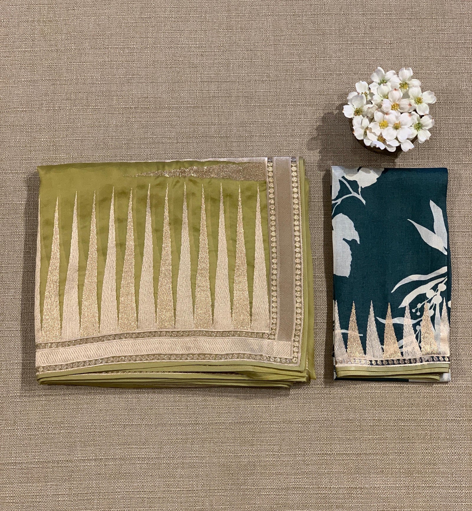 Lime Pure Organza With Temple Embroidered Border & Tussar Printed Blouse