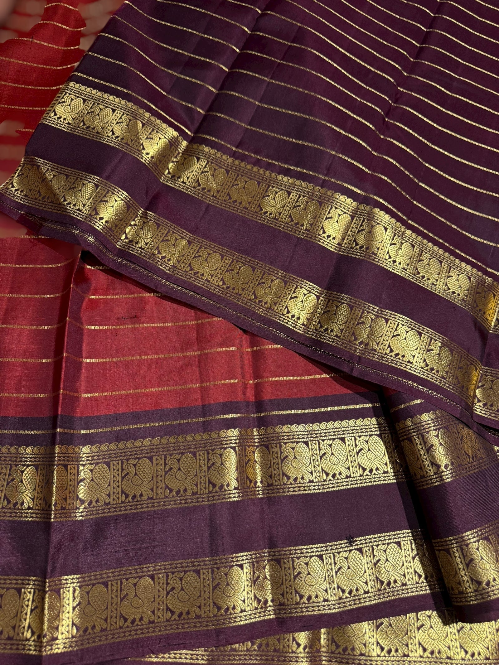 Dark Rust Kanchipuram Vintage striped Saree with gap borders