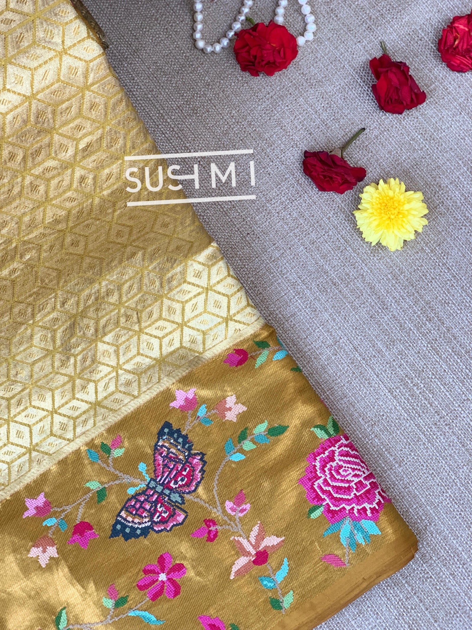 Gold Kanjeevaram Tissue Sareewith petite point embroidery : S62F085