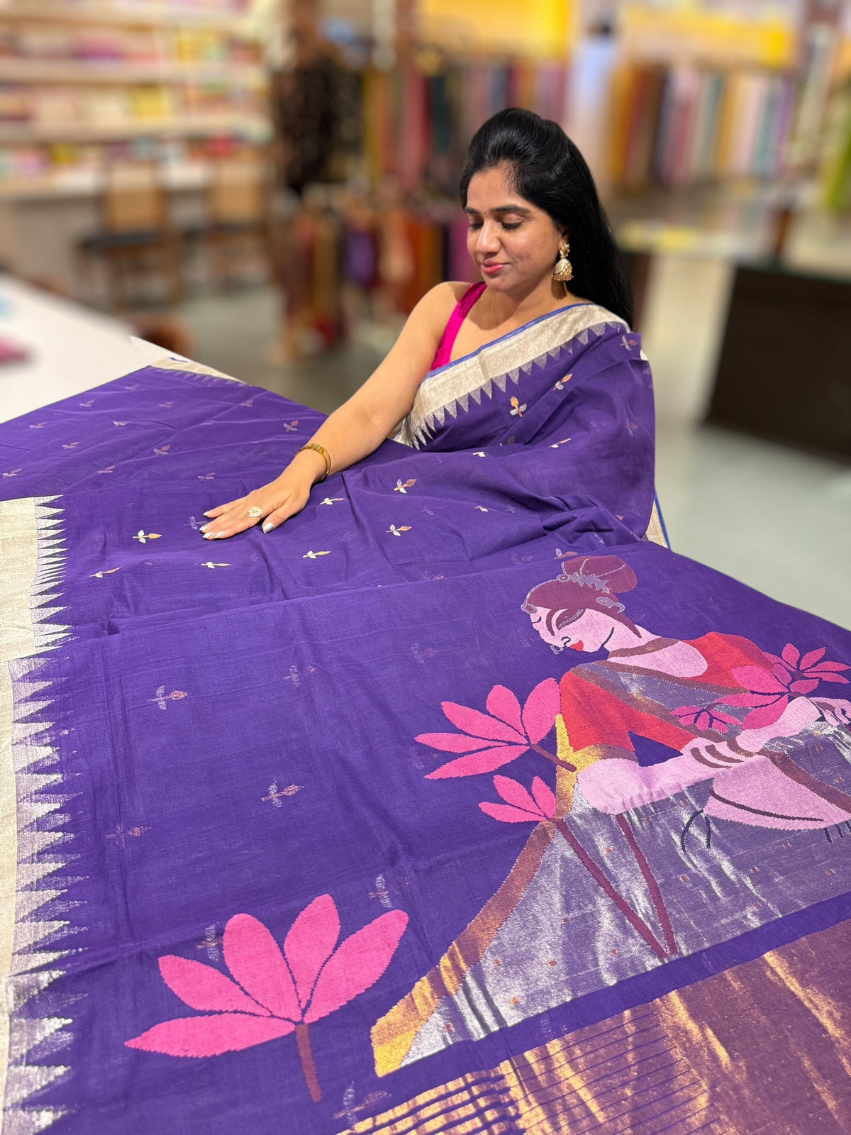 Violet Pure  handloom Ponduru Khadi jamdani Saree with designer pallu