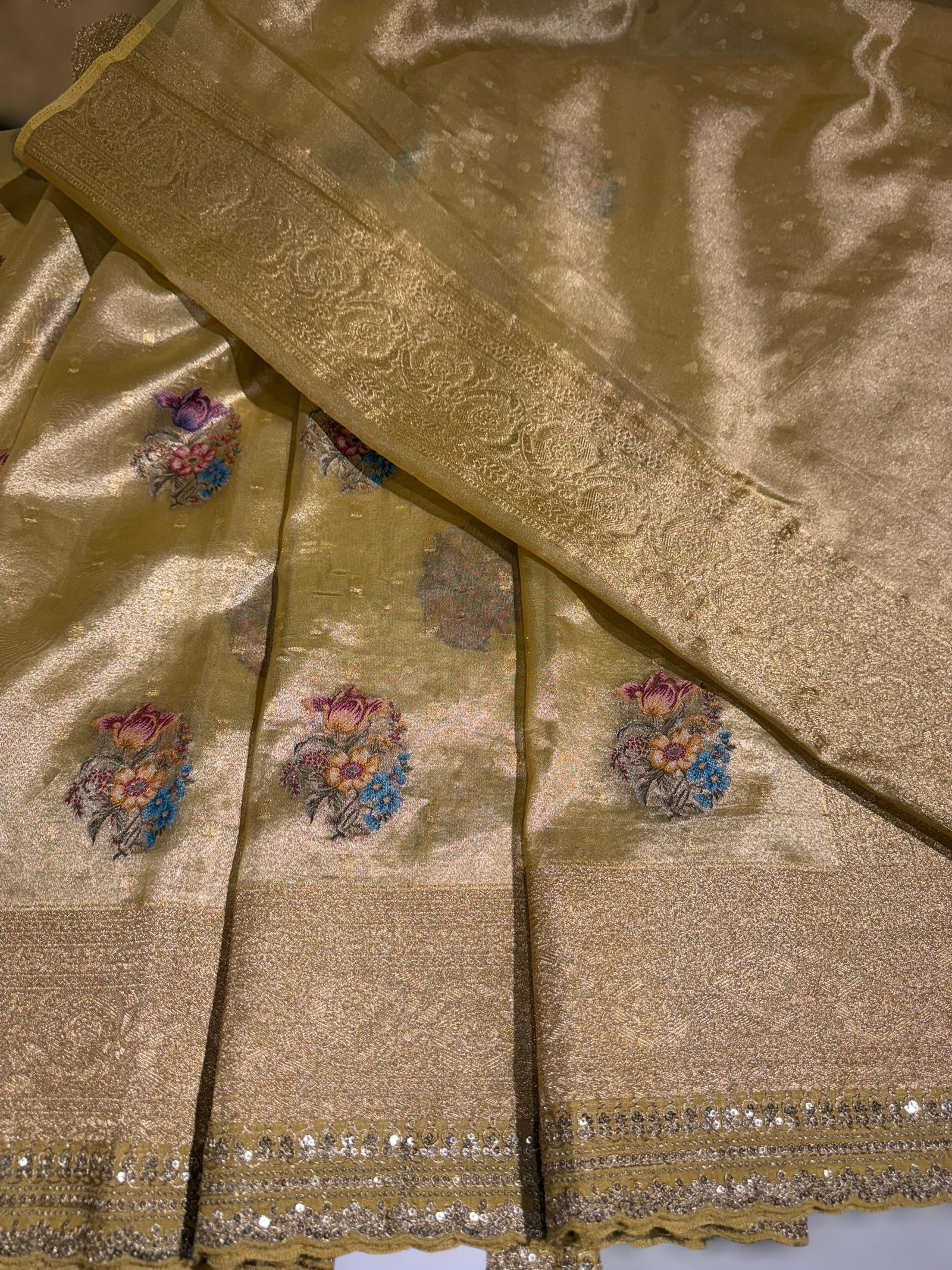 Pastel yellow banarasi tissue saree