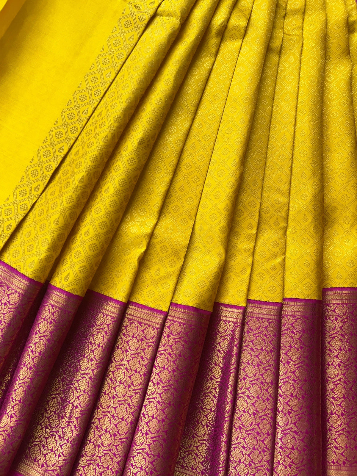 Yellow and Rani Pink Combo kanchi brocade designer kuttu border saree