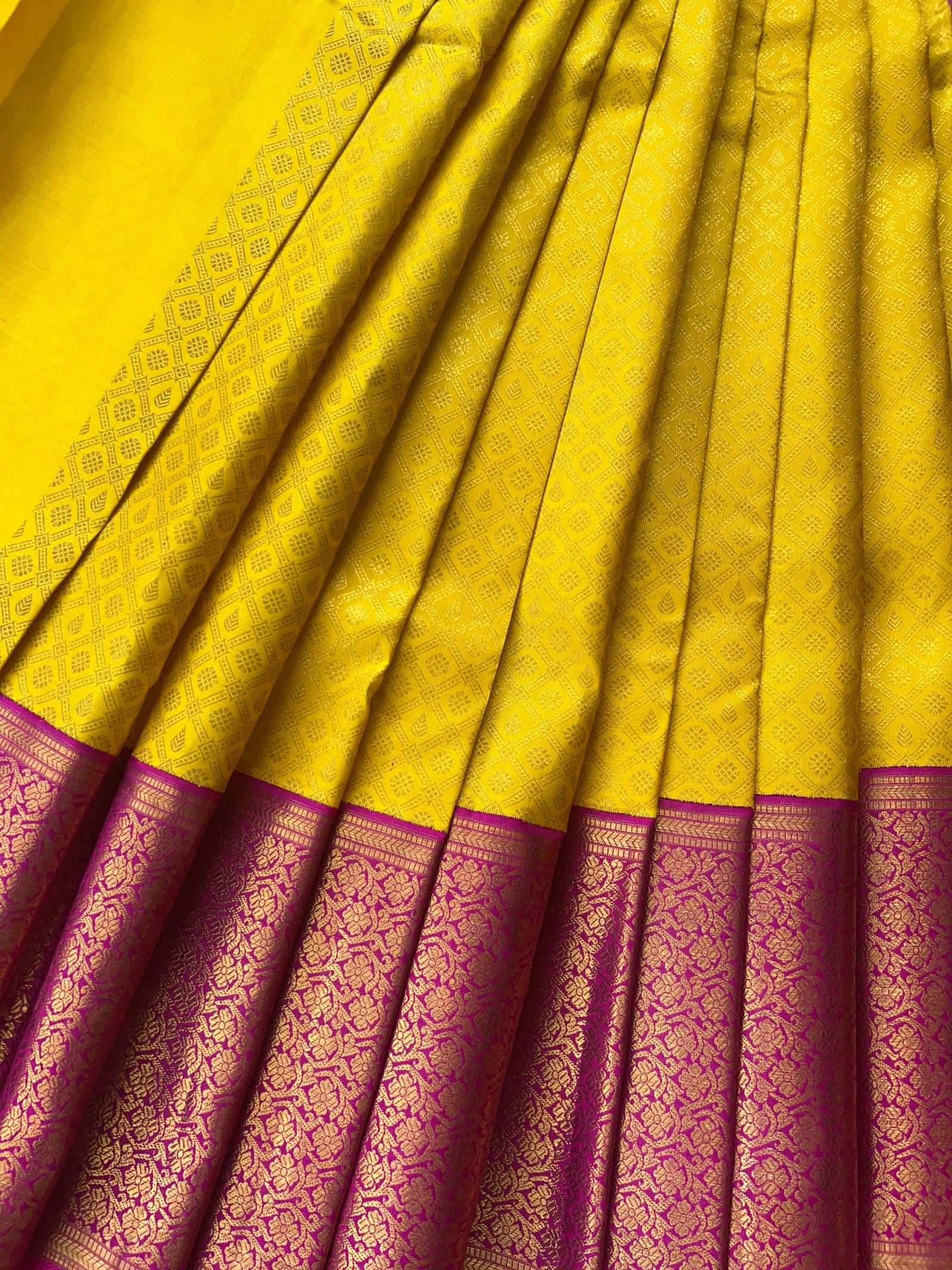Yellow and Rani Pink Combo kanchi brocade designer kuttu border saree