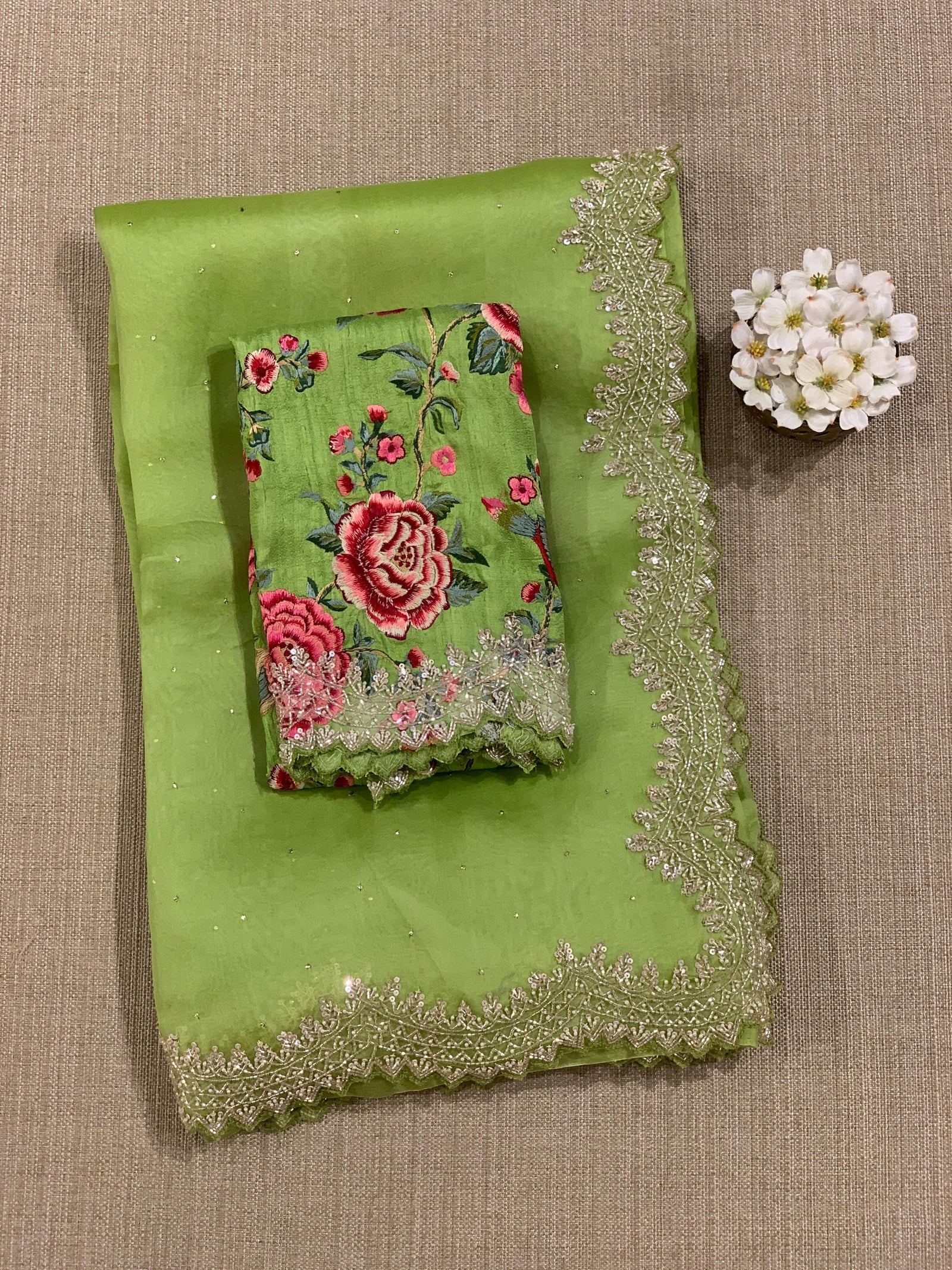 Apple Green Pure Organza Handwork Saree with heavy Designer Blouse
